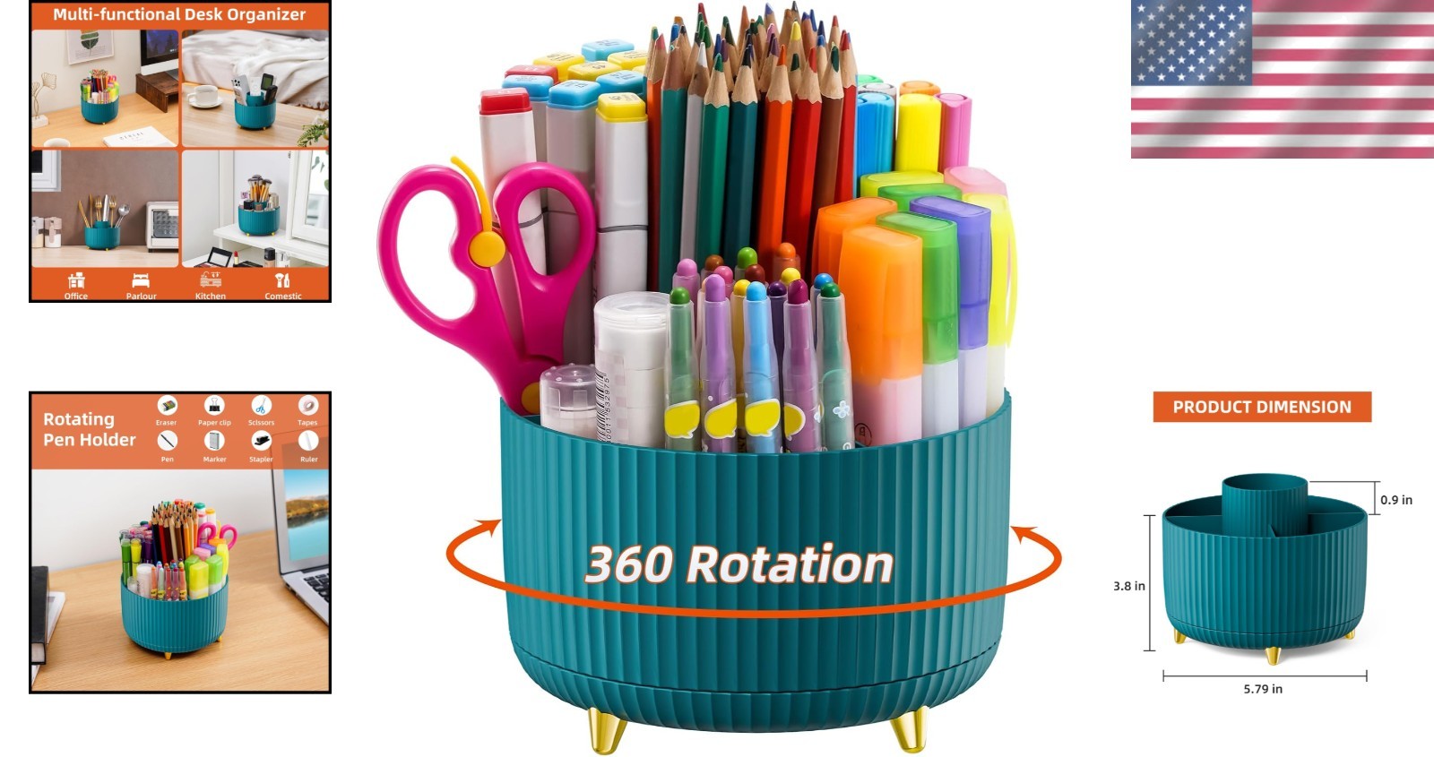 Versatile Green Desk Organizer with Smooth 360 Rotation – 5 Compartment Caddy