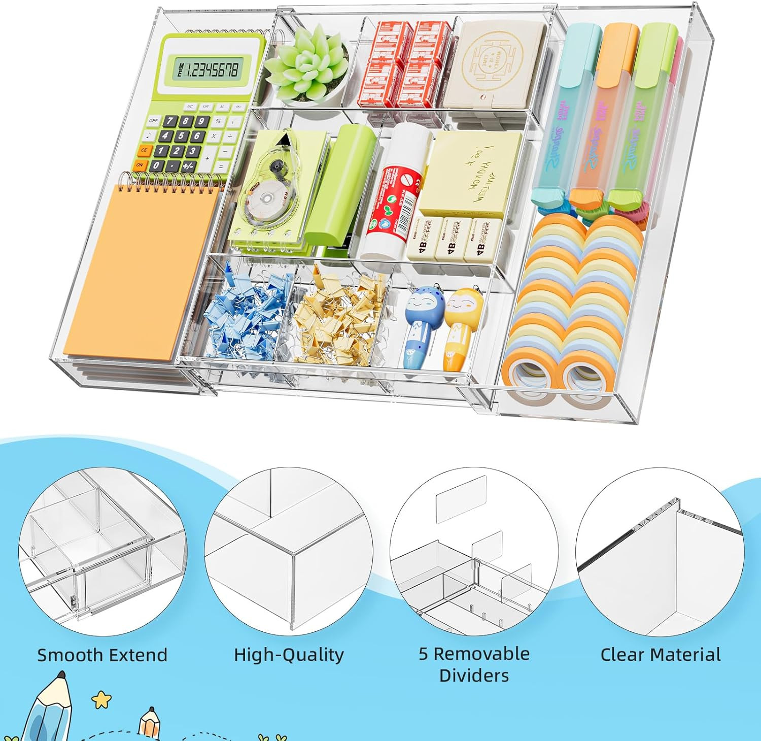 Expandable Desk Drawer Organizer, Clear Plastic Drawer Organizer Tray with 10 Ad