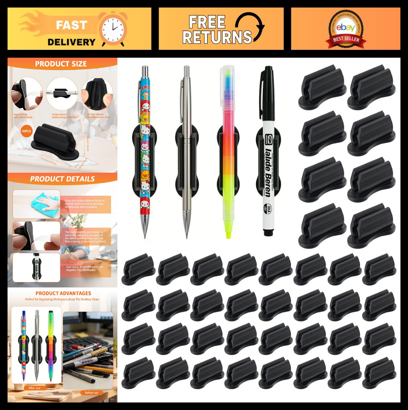 40 PCS Flexible Adhesive Pencil Holders, Silicone Desk Organizers, Office Suppli