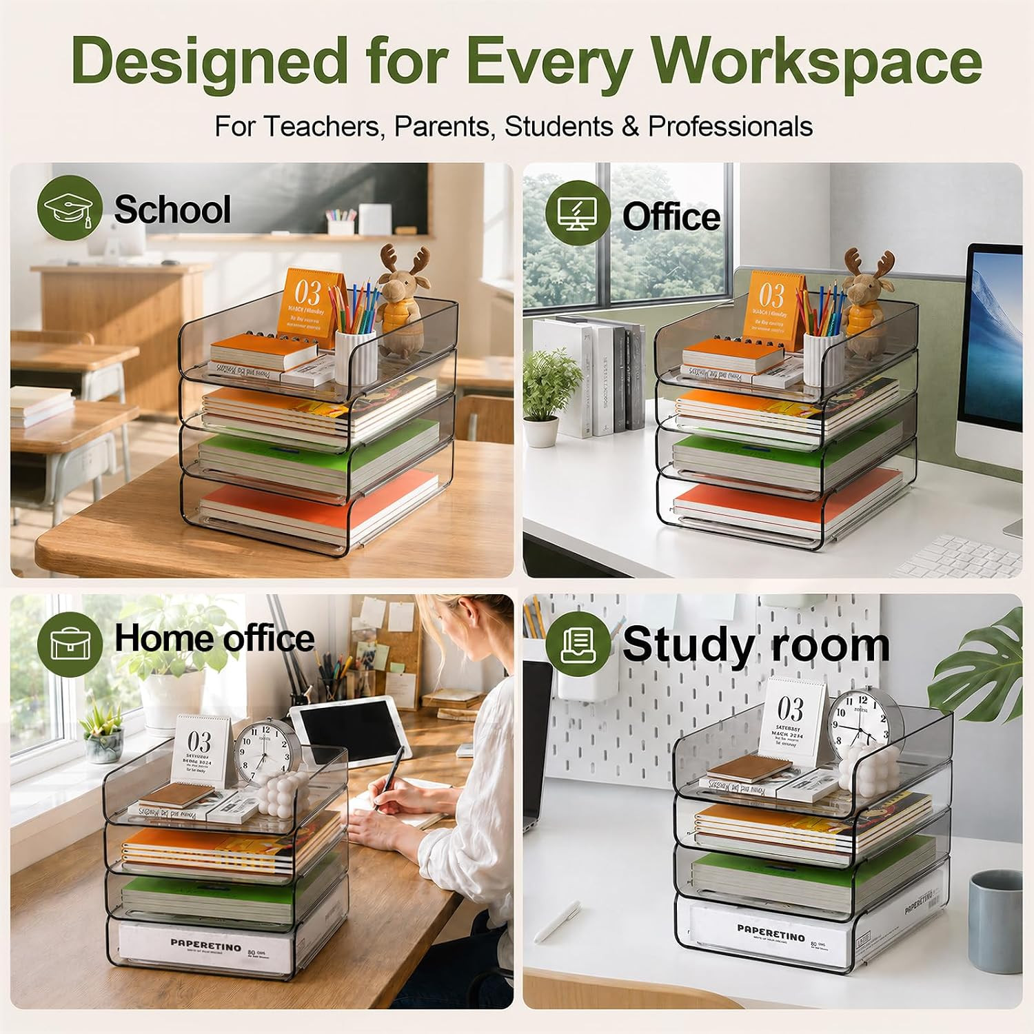 4-Tier Acrylic Paper Tray Organizer, Clear & Brown Stackable Desk Organizer for