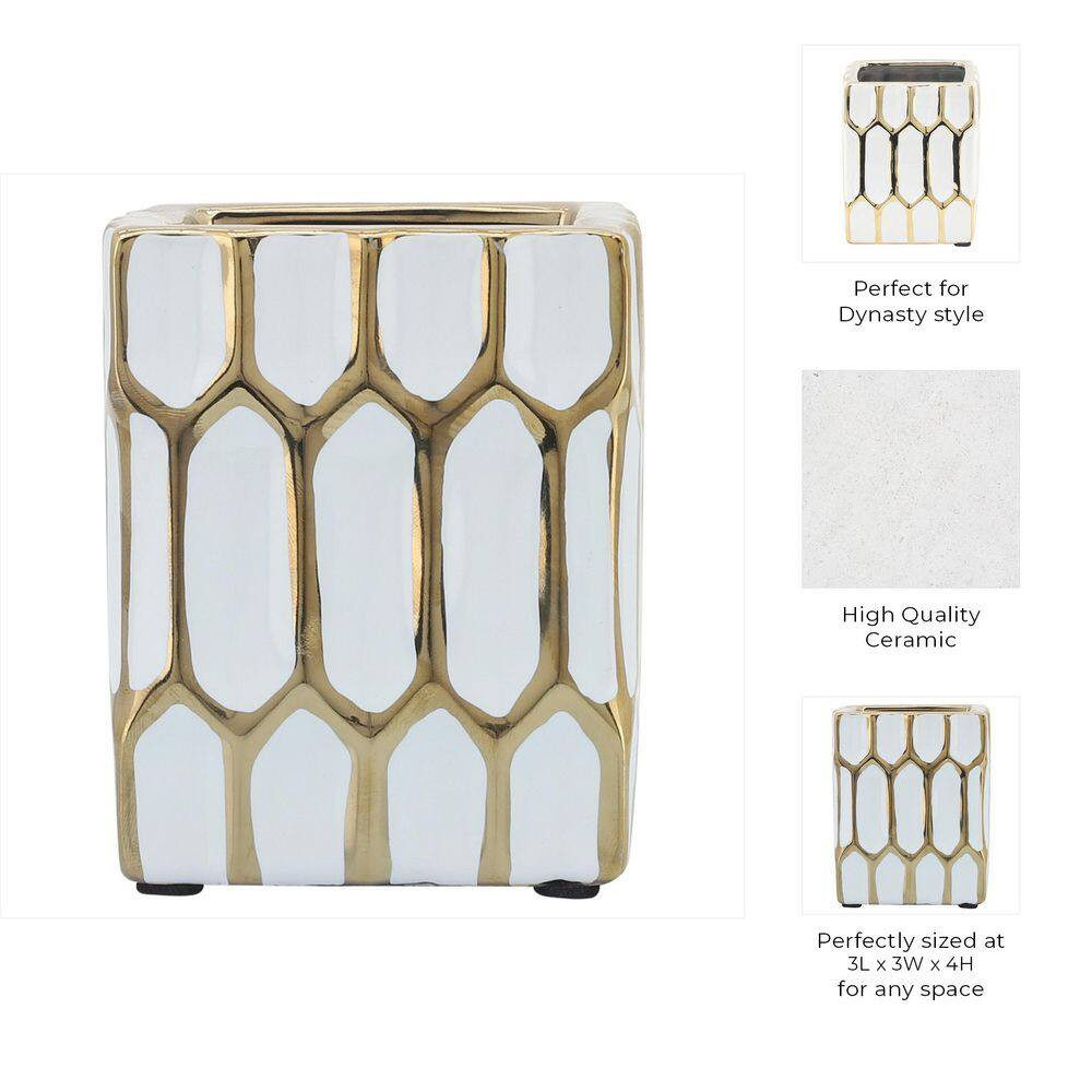 White Gold 3 In. X 4 In. Ceramic Square Pen Holder Desk Accessories with Dynasty
