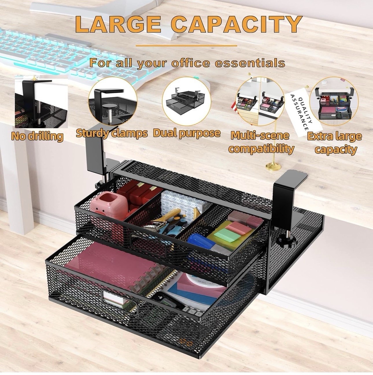 Under Desk Drawer Organizer No Drilling 2 Slide Out Drawer under Table Storage D