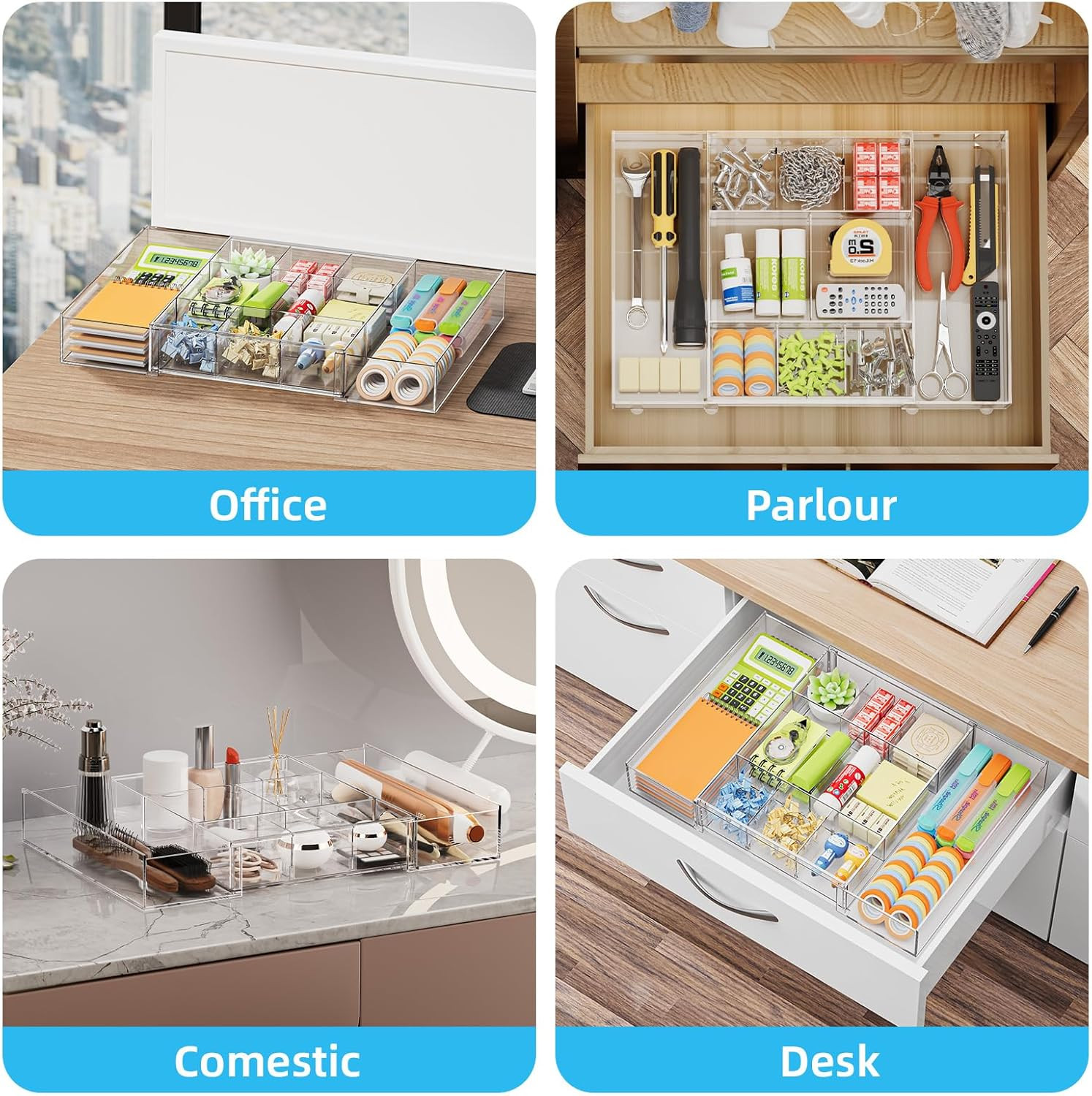 Expandable Desk Drawer Organizer, Clear Plastic Drawer Organizer Tray with 10 Ad
