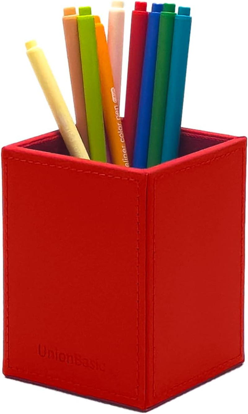 Square Pen Holder, Leather Pencil Cup, Desktop Caddy Stationery Organizer, Red