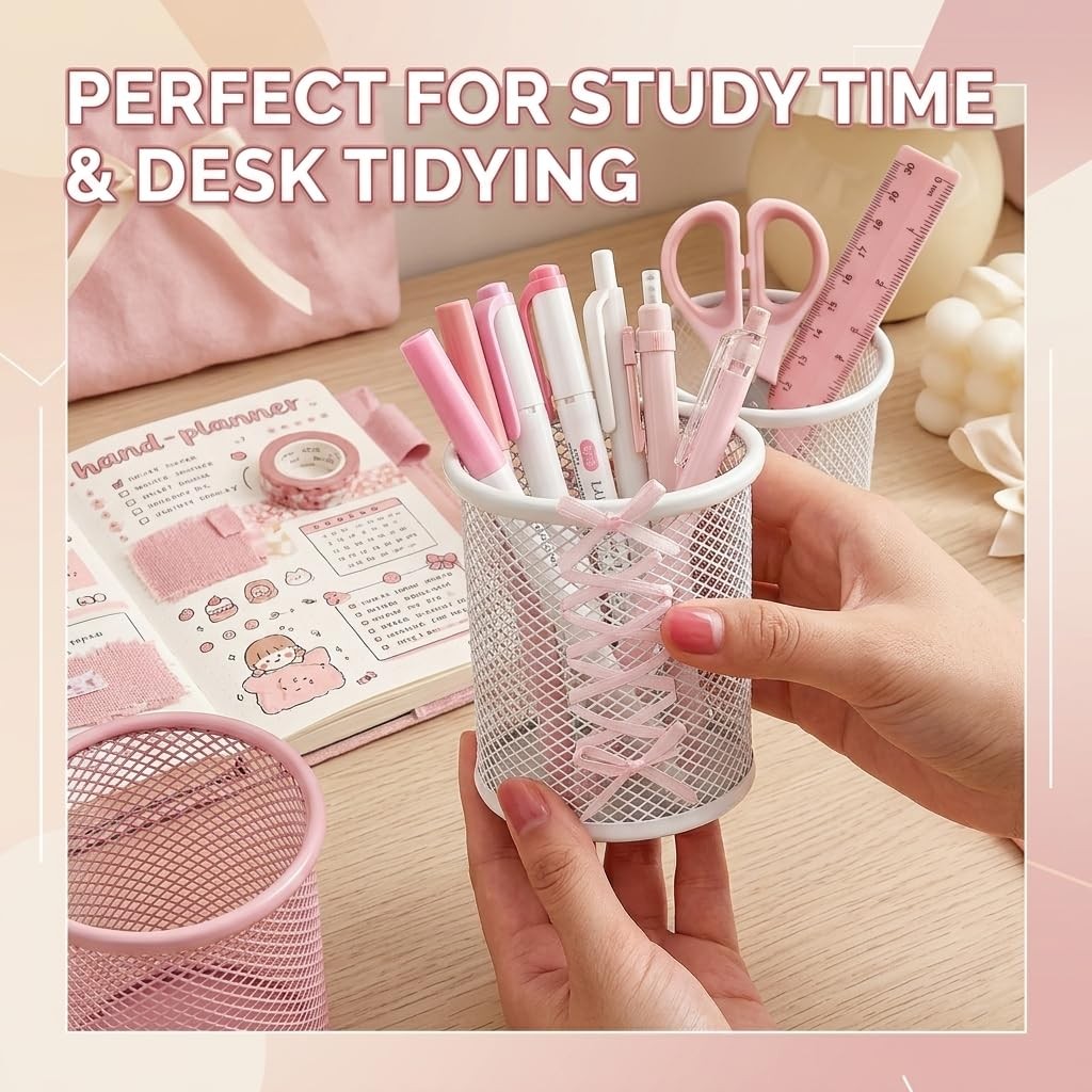 Pen Holder for Desk – Cute Ribbon Bow Wire Mesh Pencil Cup, Lace-up Desktop O…