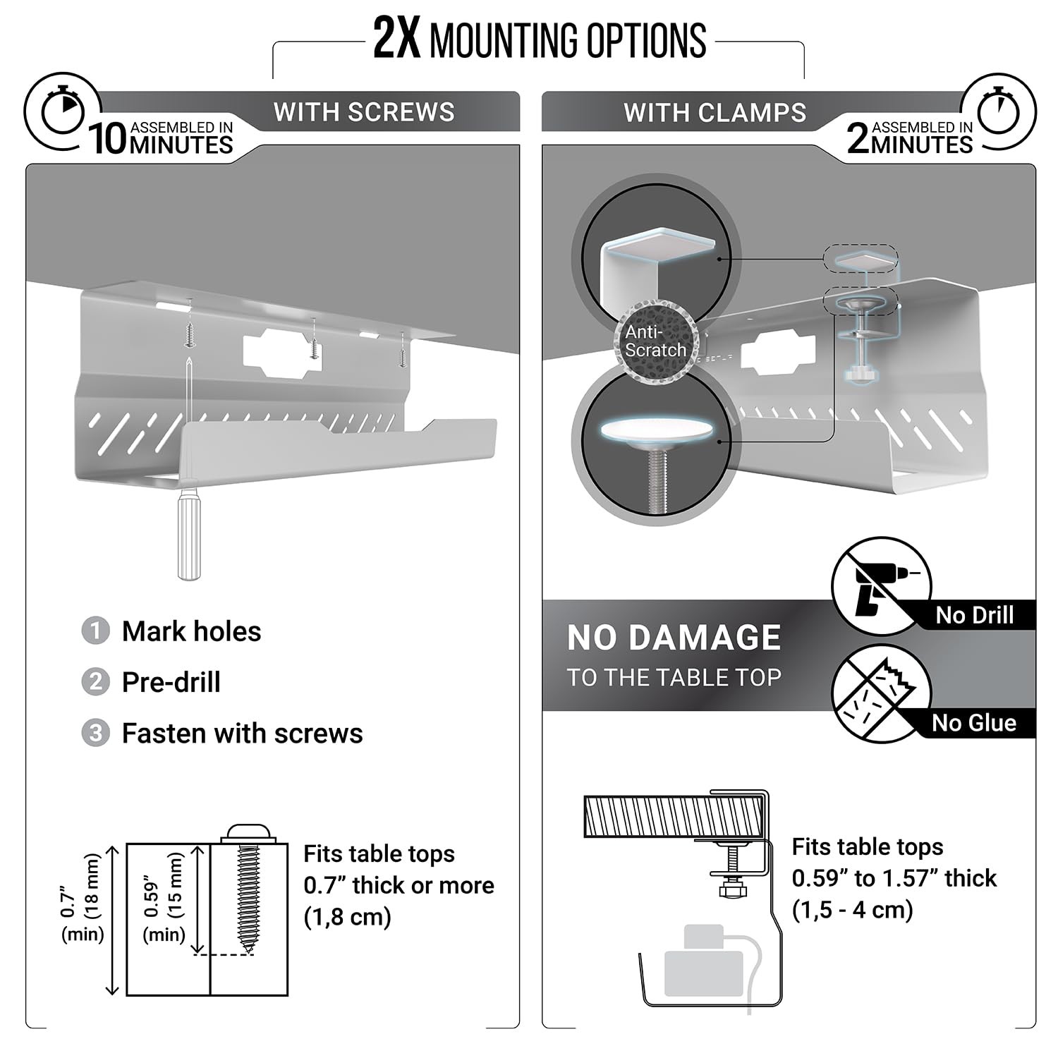 Under Desk Cable Management Tray no Drill – Wire 1 piece set, White