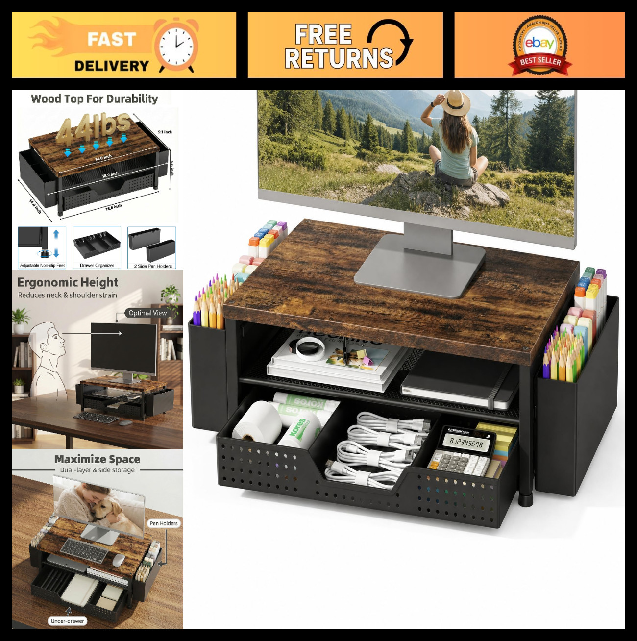 Wood Desk Organizer 2-Tier Monitor Stand Riser with Storage Drawer & Pen Holders