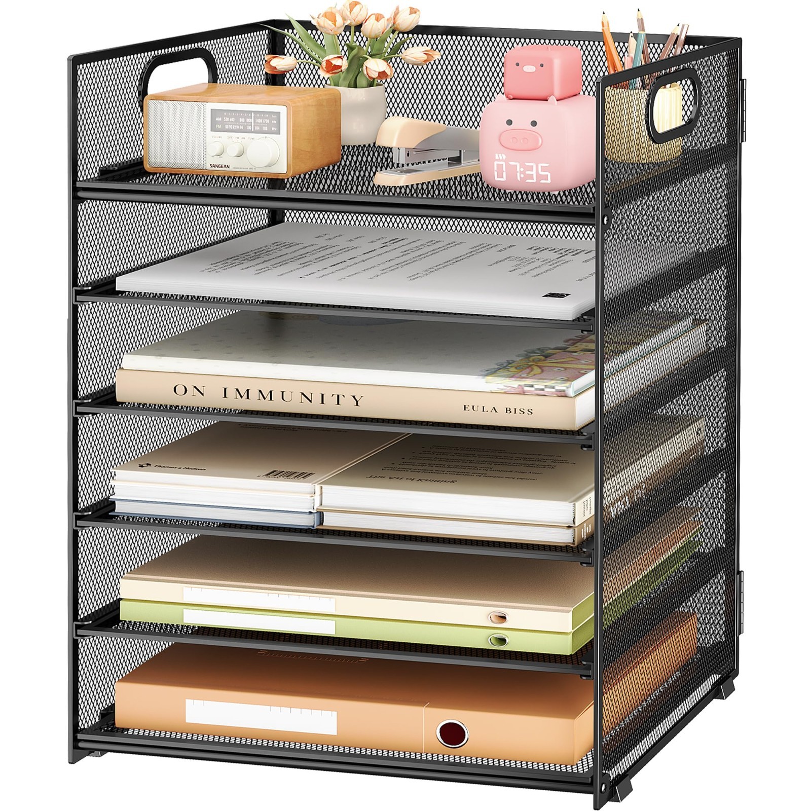 6-Tier Stackable Paper File Tray Organizer – Black Mesh Desk Sorter with Handle