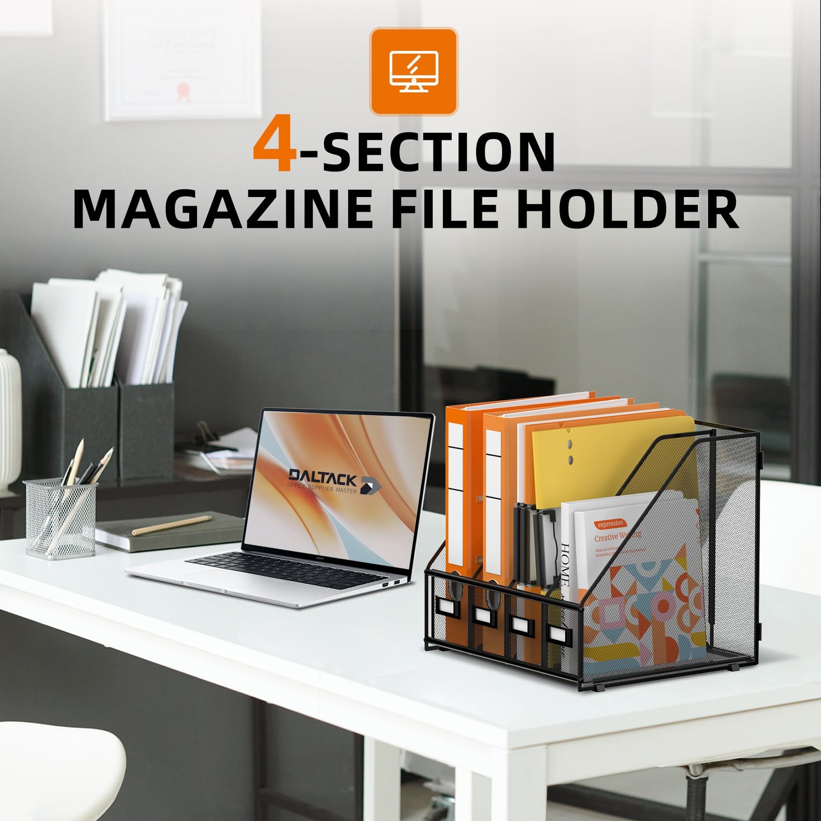 4 Vertical Compartments Magazine File Holder, Binder Organizer, Metal Desk Or…