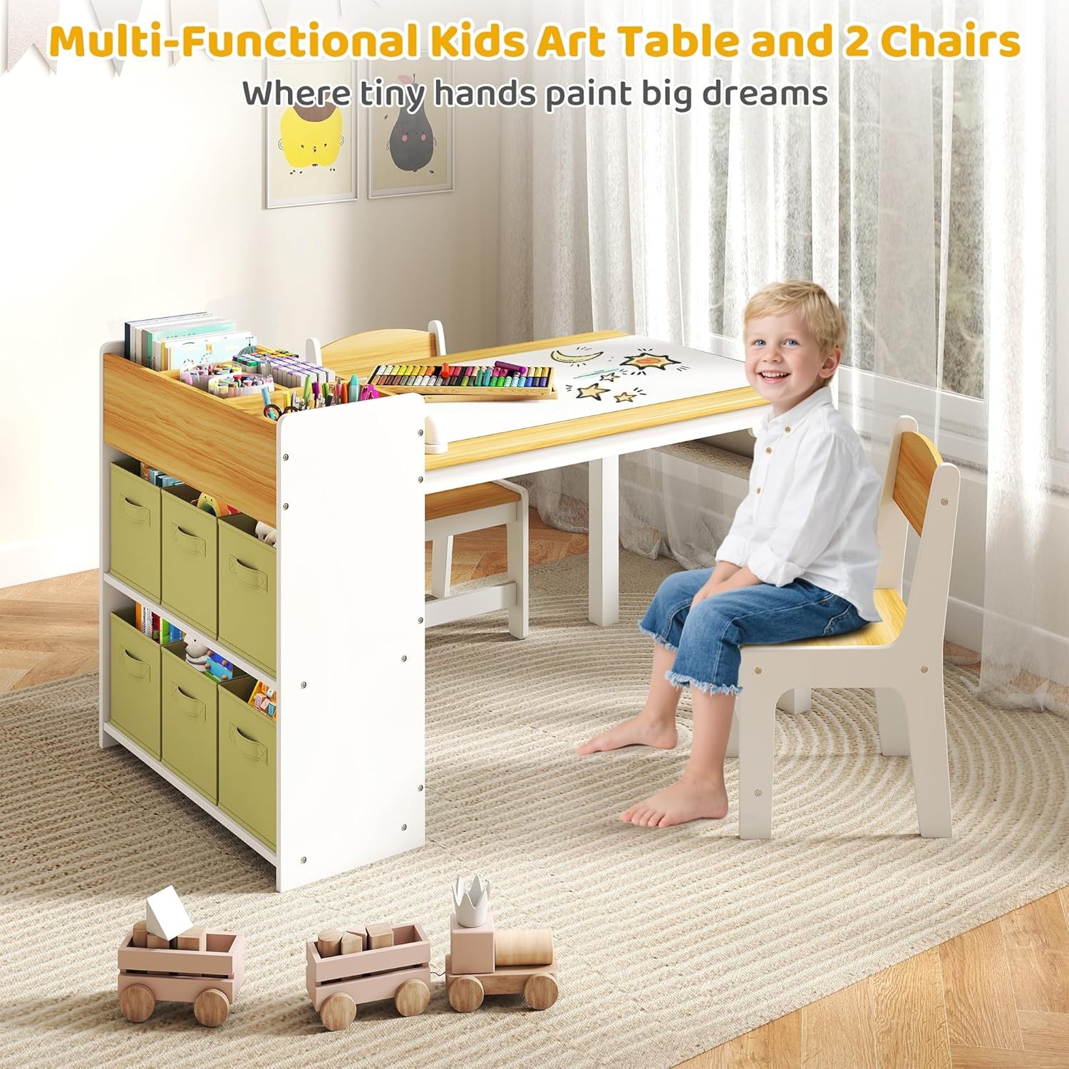 Kids Art Table and Chair Set, Craft and Play Wood Activity Table with