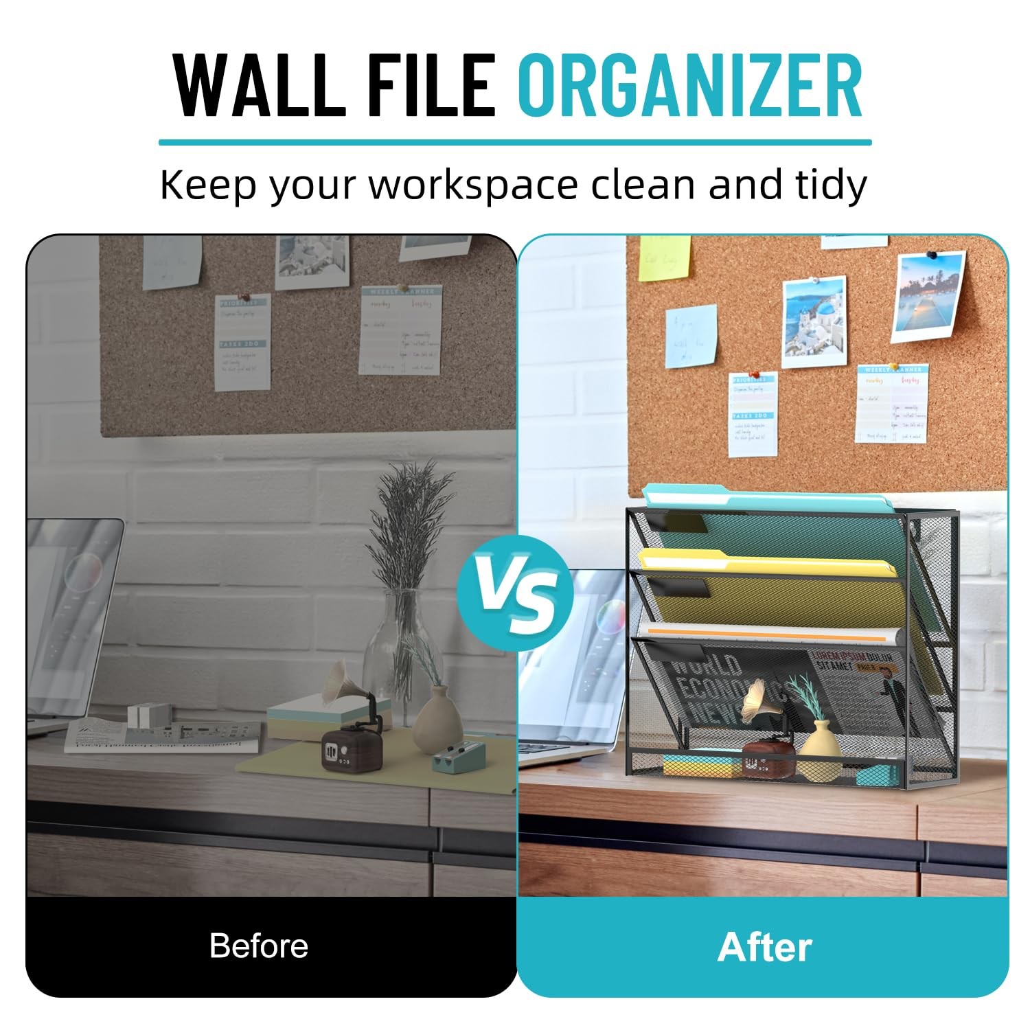 SUPEASY Wall File Organizer Mesh Office Mail Holder, Hanging 4-Tier, Black