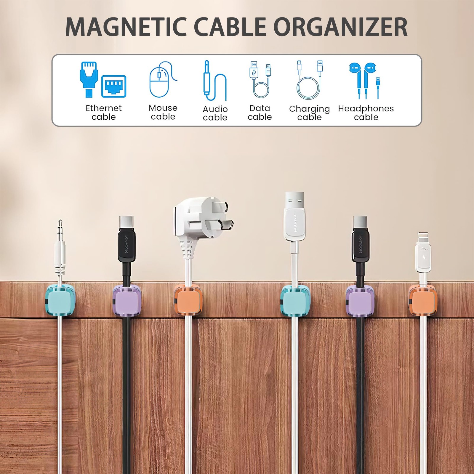 6 Pack Magnetic Cord Organizer & Cable Clips – Adjustable Under Color Mixed