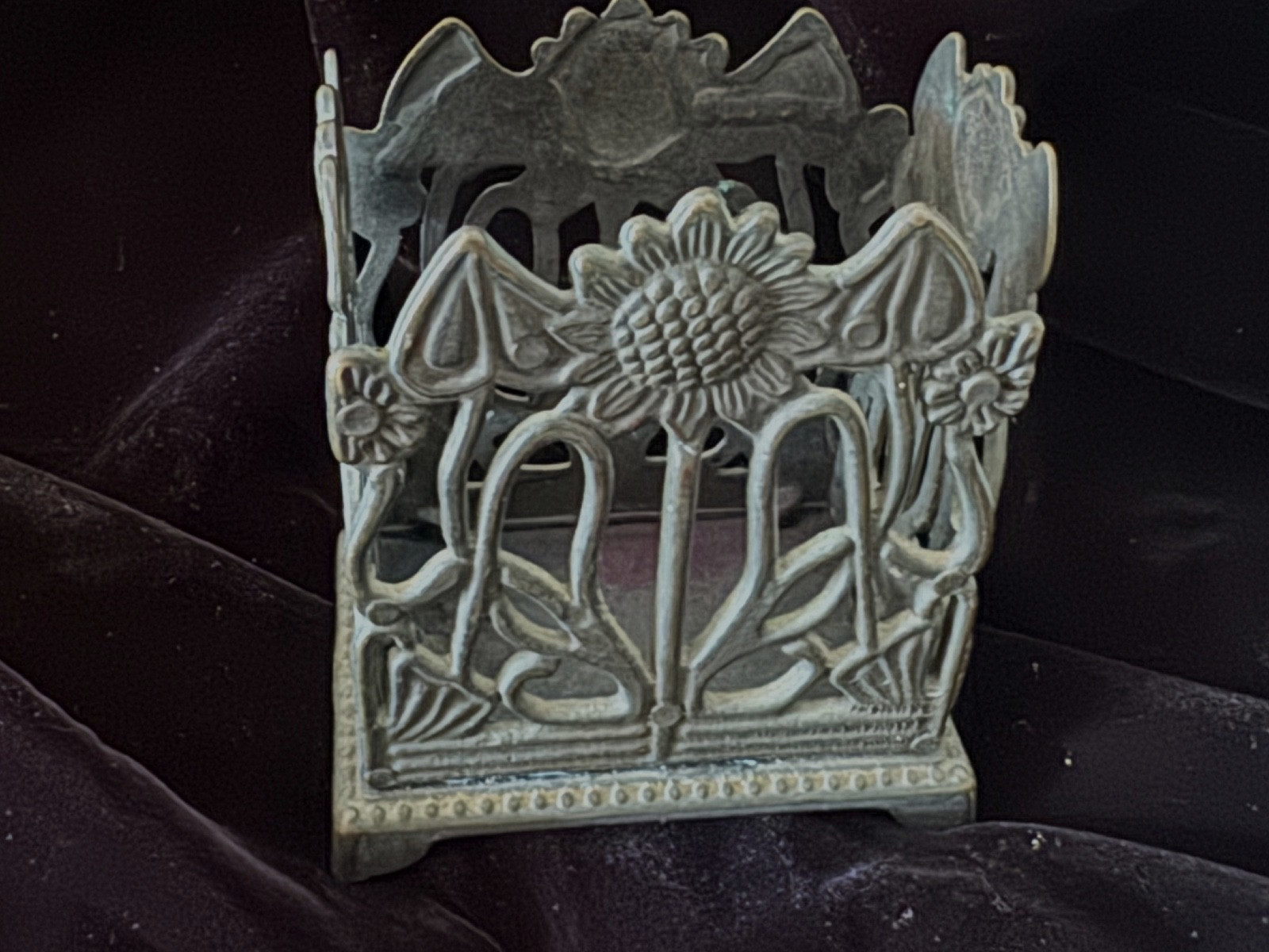Vintage Pen Pencil Holder Desk Organizer Embossed Sunflower Metal 4″ Tall Italy