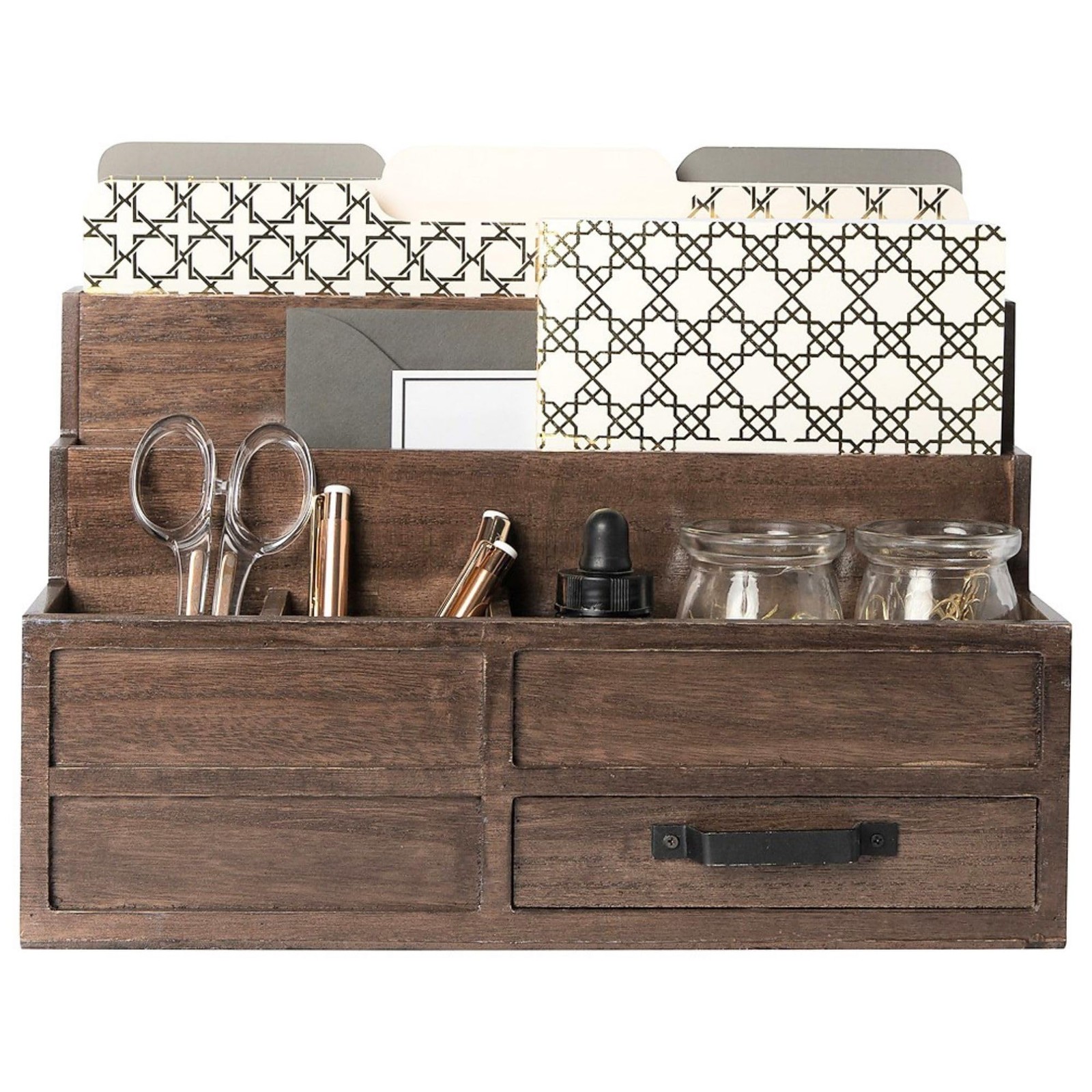 BLU MONACO Brown Wood Mail Organizer with Drawer and Pen Holder – Desk Organizer