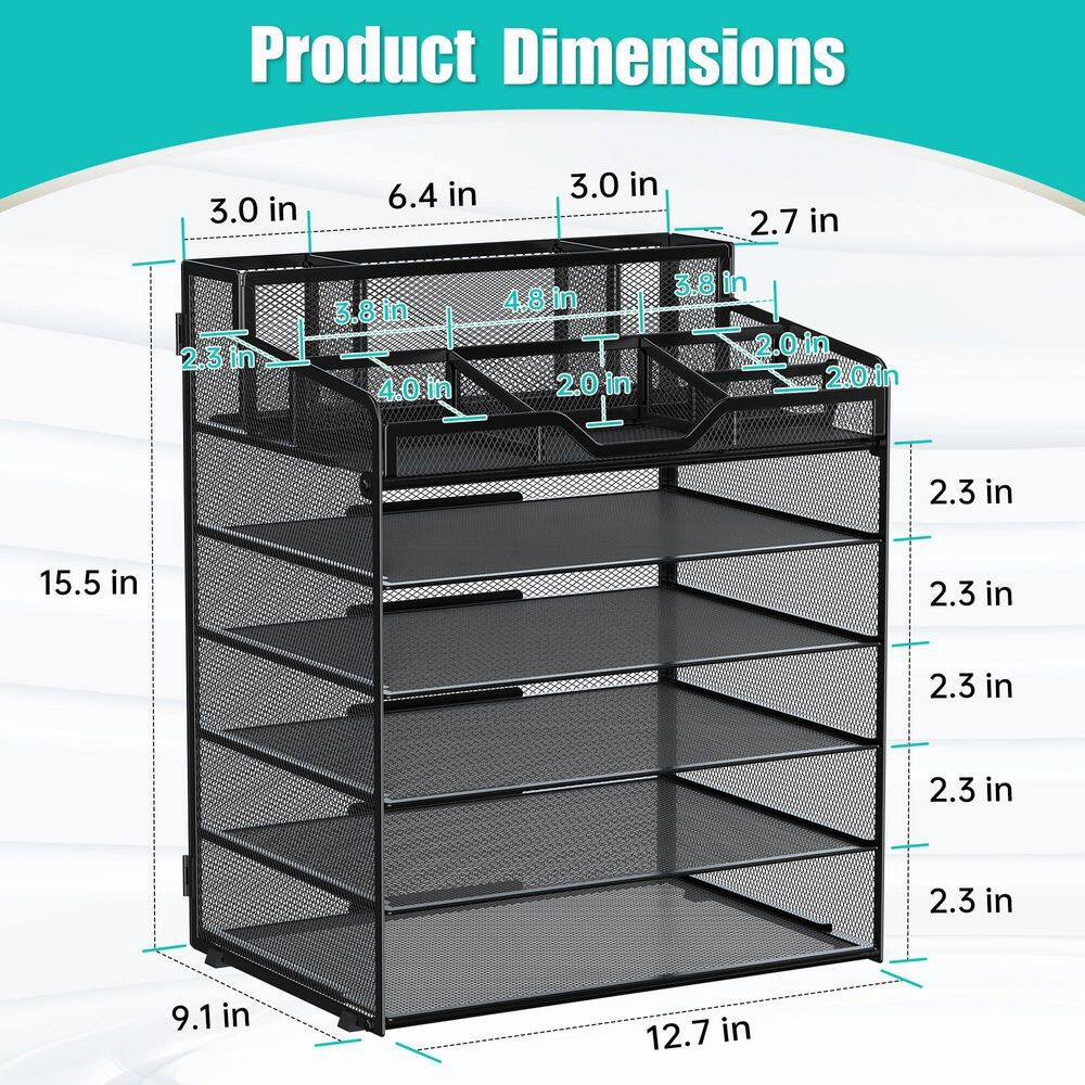 1 Pack 6-Tier Black Mesh Letter Tray Organizer with 3 Pen Holders and 5 Adjustab