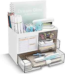 Desk Organizer with 3 Drawer, Multi-Functional Pencil Pen Holder B Style-White