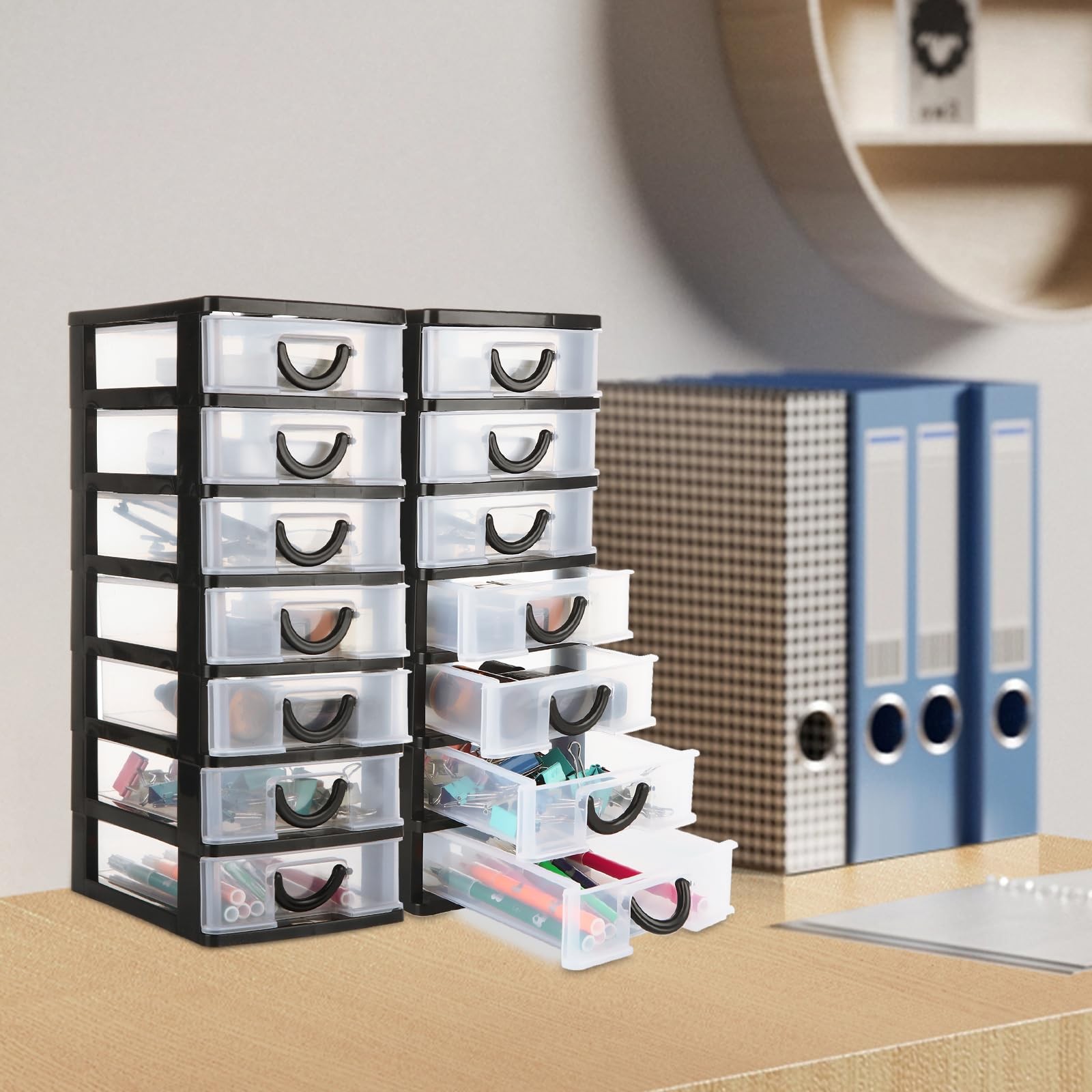 LOLYSIC 2 Pack Plastic Drawers for Desktop Small 7.1×5.1×13.2 inches, black