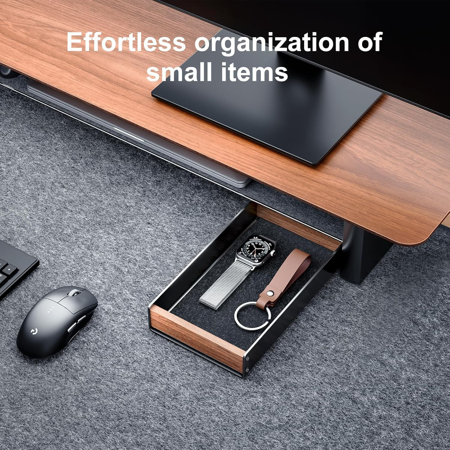 Desk Tray Organizer Drawer for Home Office, Walnut Desk Organizer Tray for Keys,