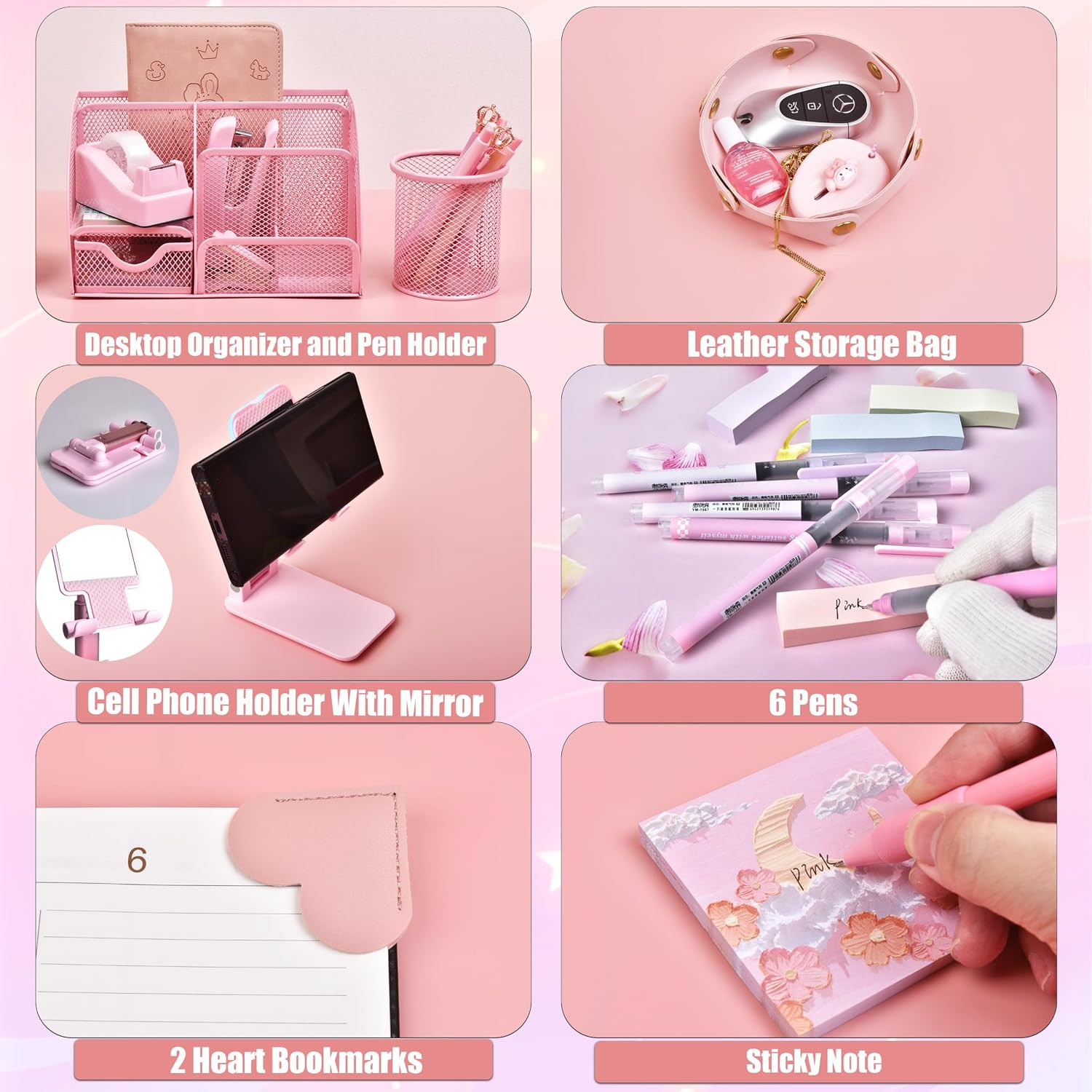 Pink Desk Accessories, 24Pcs Pink Office Supplies and Desk Organizers, with Tape
