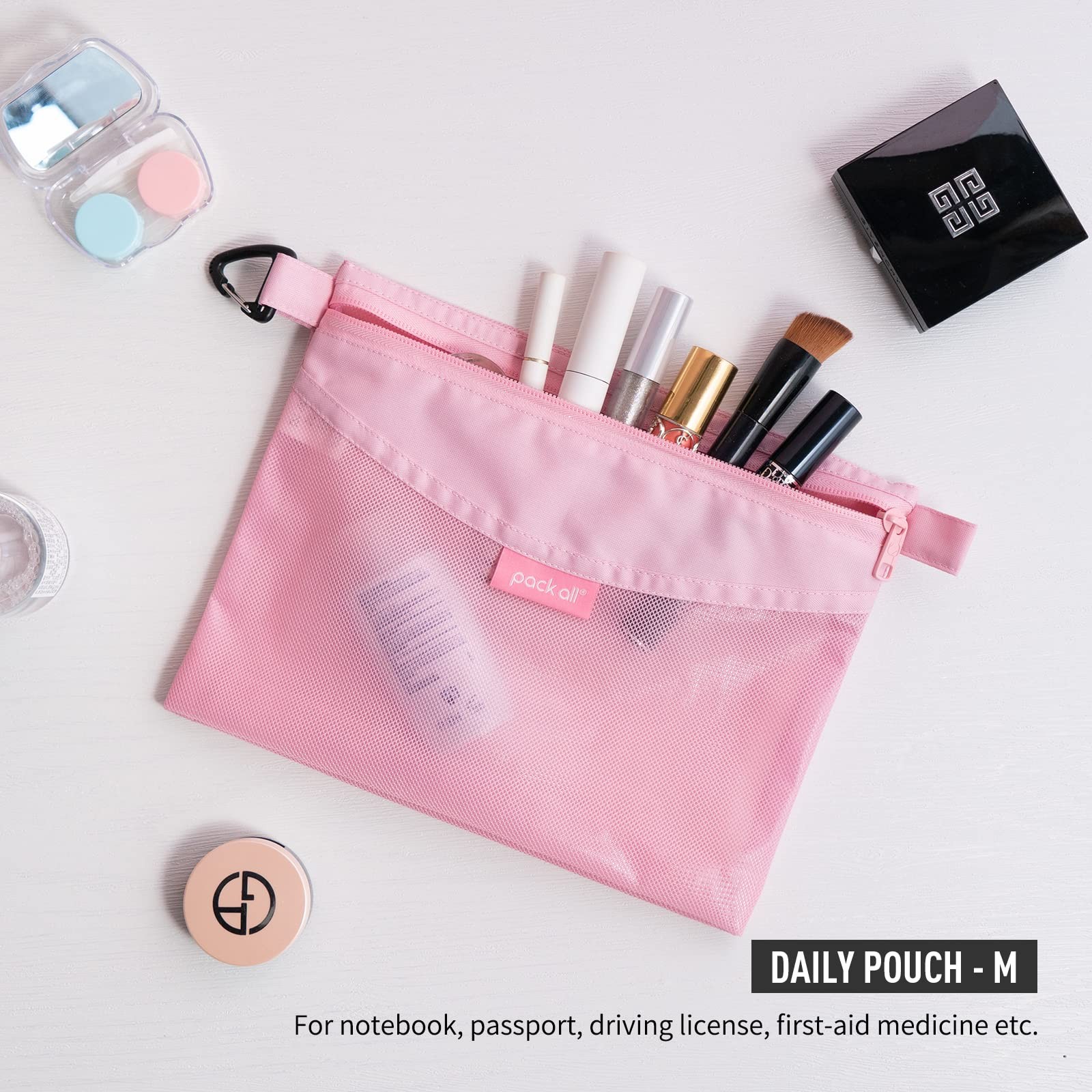 Water-Resistant Mesh Zipper Pouch Set 3 PCS Bags for Storage Travel Pink