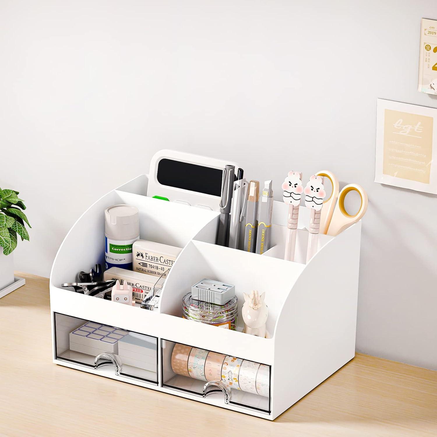 Desk Organizer with Drawers 6 Compartments Pen Holder Makeup Storage White