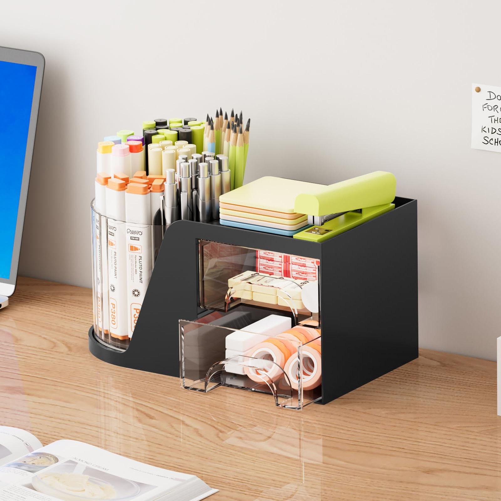 Marbrasse Desk Organizer with 2 Drawer, 360°Rotating Pen Holder, Desk Organiz…