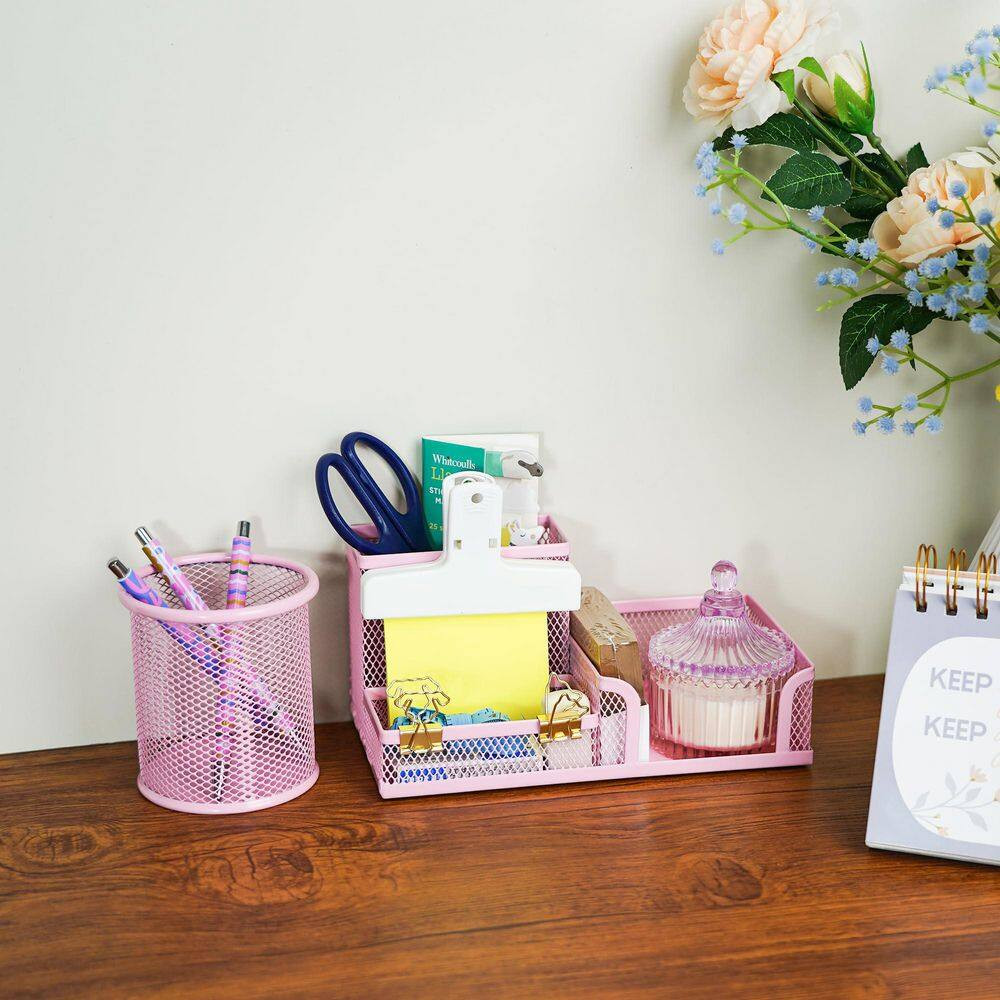 1-Pack Mesh Desk Organizer with Pencil Cup, 3 Compartments, Sticky Note Holder,
