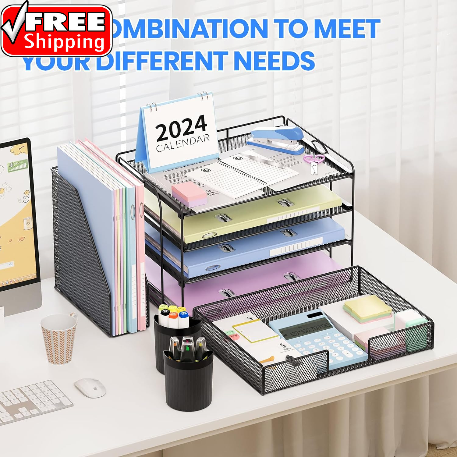 Desk Organizer, 4-Tier Desktop File Organizer with Drawer and 2 Pen Holders, Off
