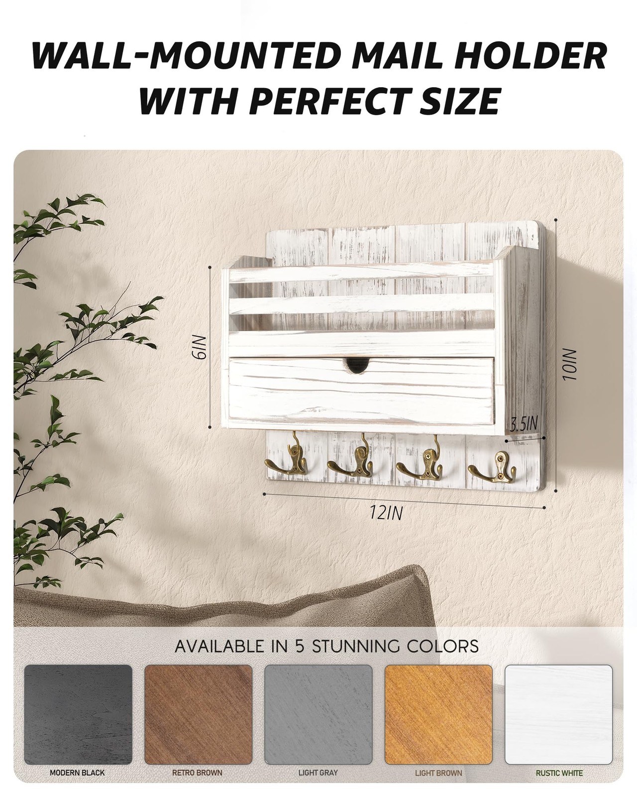 Farmhouse Mail Organizer Wall Mounted – Rustic Key and Mail Holder for Wall w…