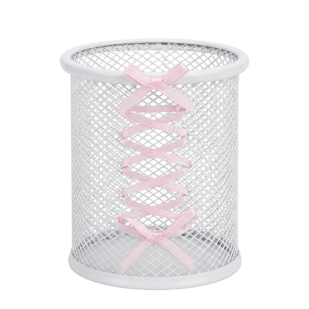 Pen Holder for Desk – Cute Ribbon Bow Wire Mesh Pencil Cup, Lace-up Desktop O…