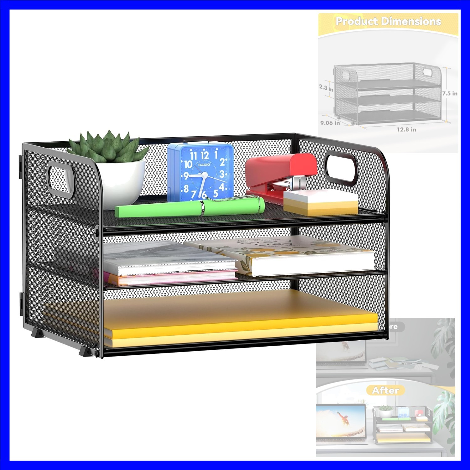 3 Tier Paper Organizer Tray with Handle, Mesh Letter Tray for Office, Home, S…