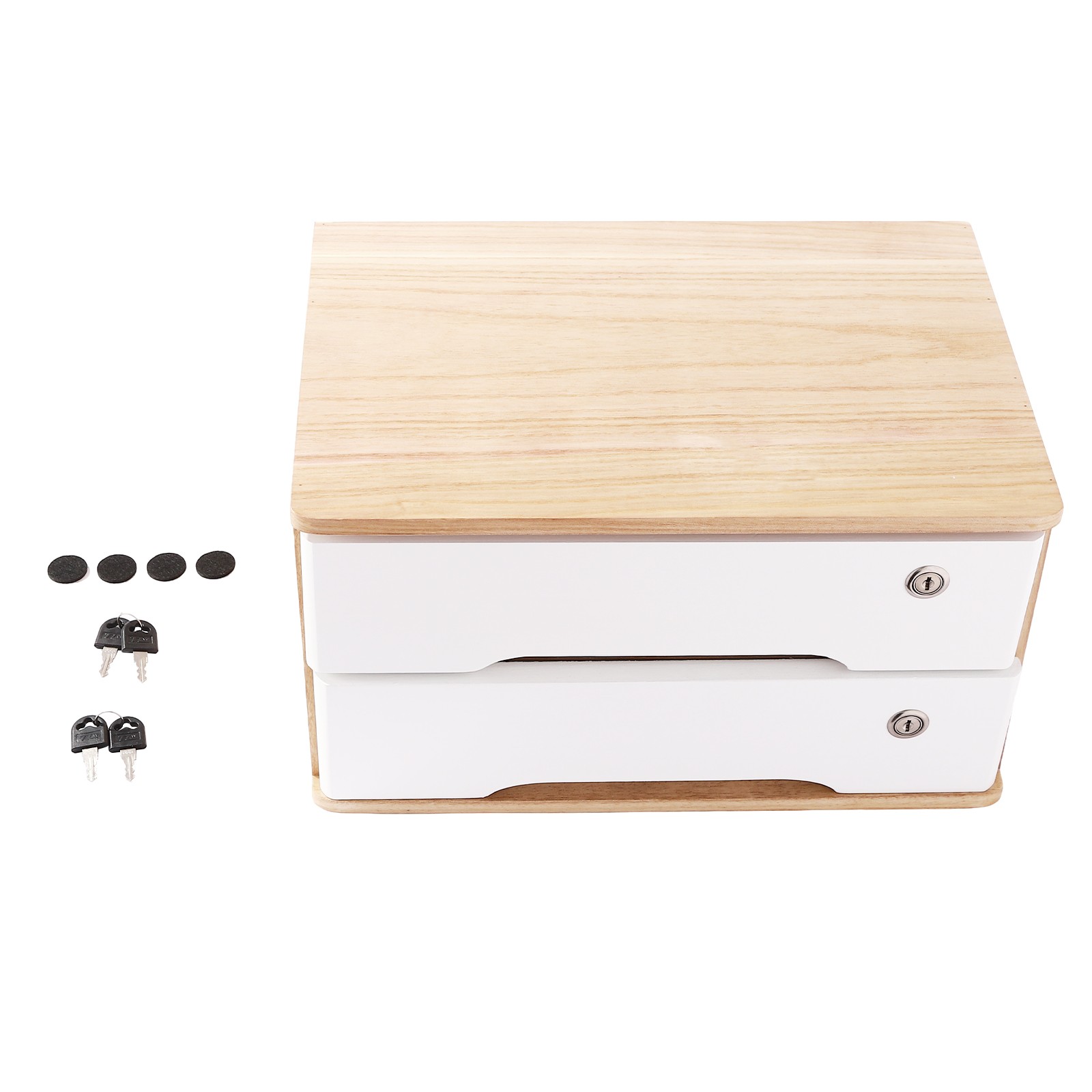 2 Tier Desktop Organizer with 2 Lockable Drawers Wooden Desk Storage Box