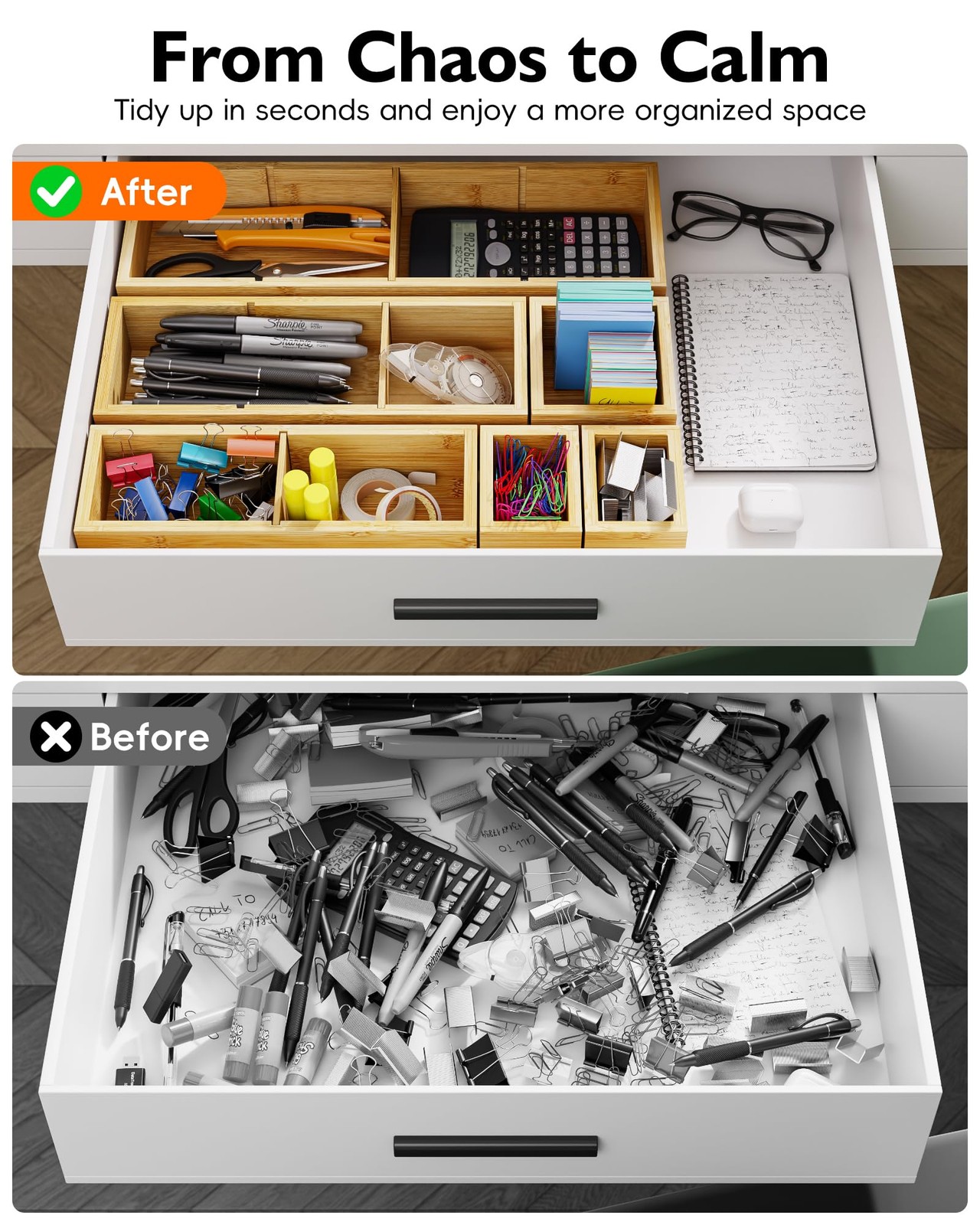 VA1KENE Bamboo Drawer Organizer Set, 6 PCS Desk 12 Compartments,