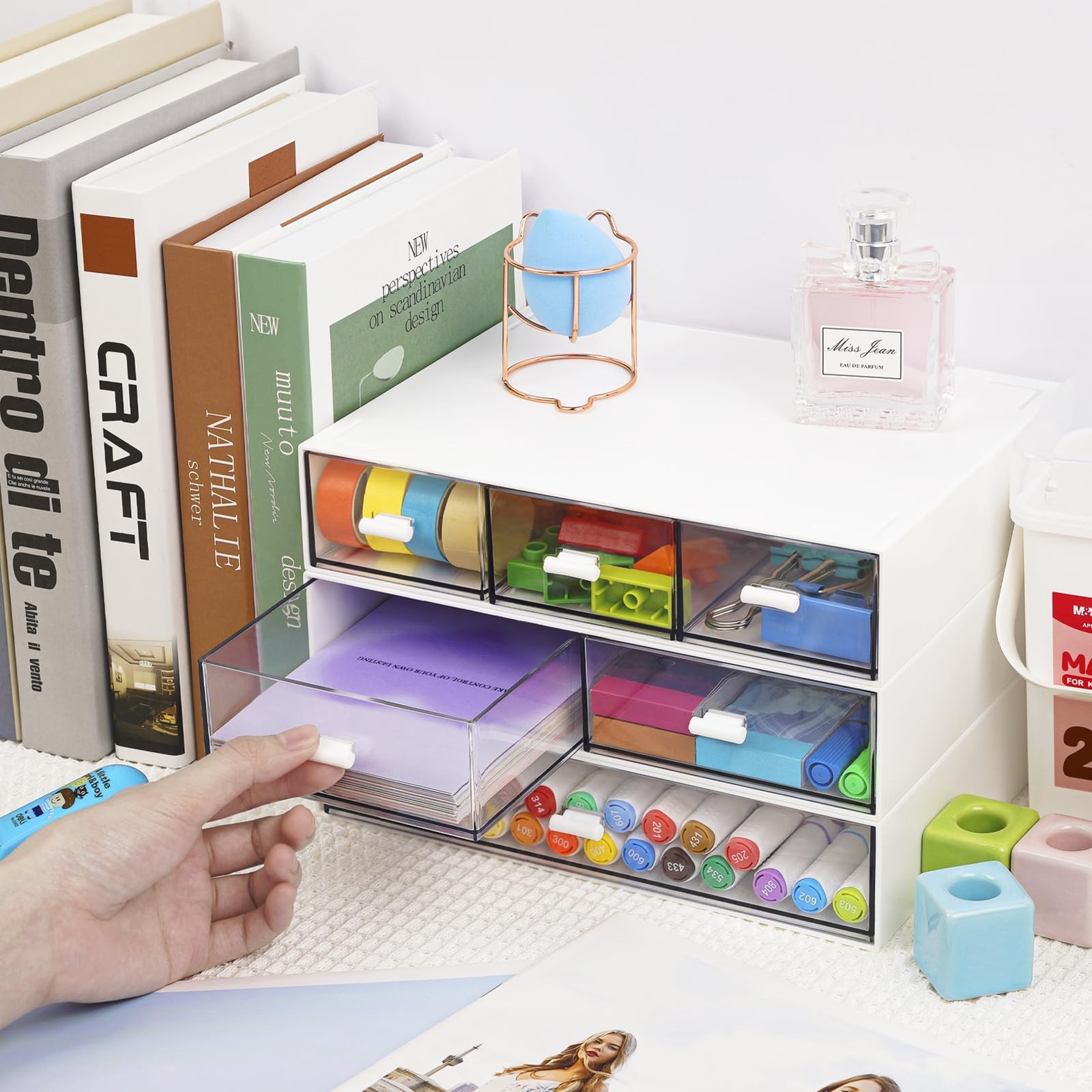 3 Tier Stackable Desk Organizer with 6 Drawers, Plastic Desktop Storage Box D…