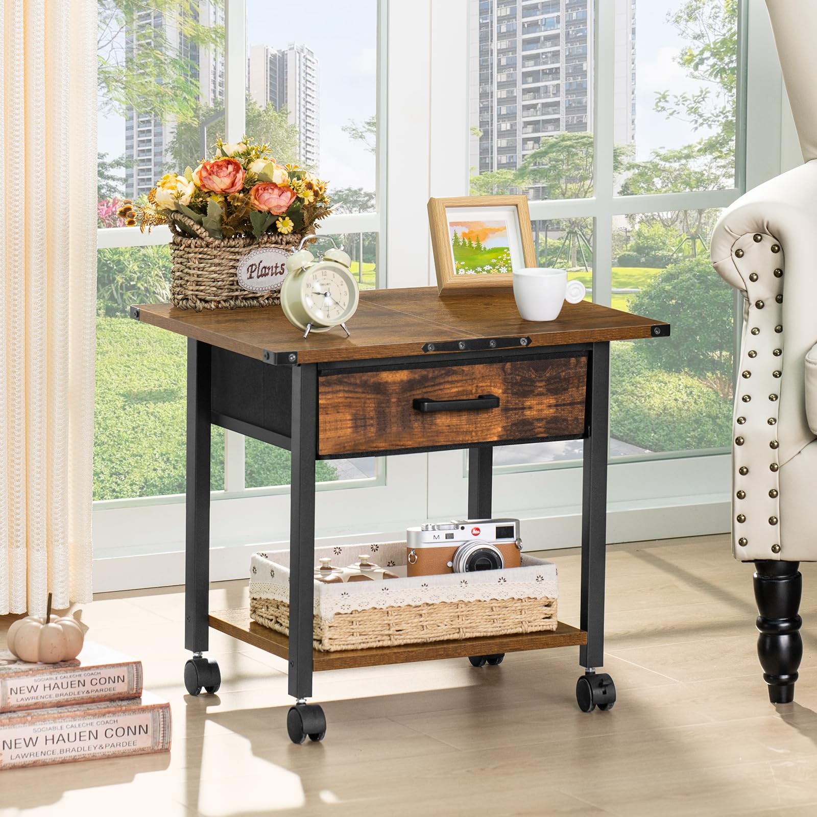Lerliuo Under Desk Rolling Printer Stand with Drawer, 2-Tier 2 Tier, Brown