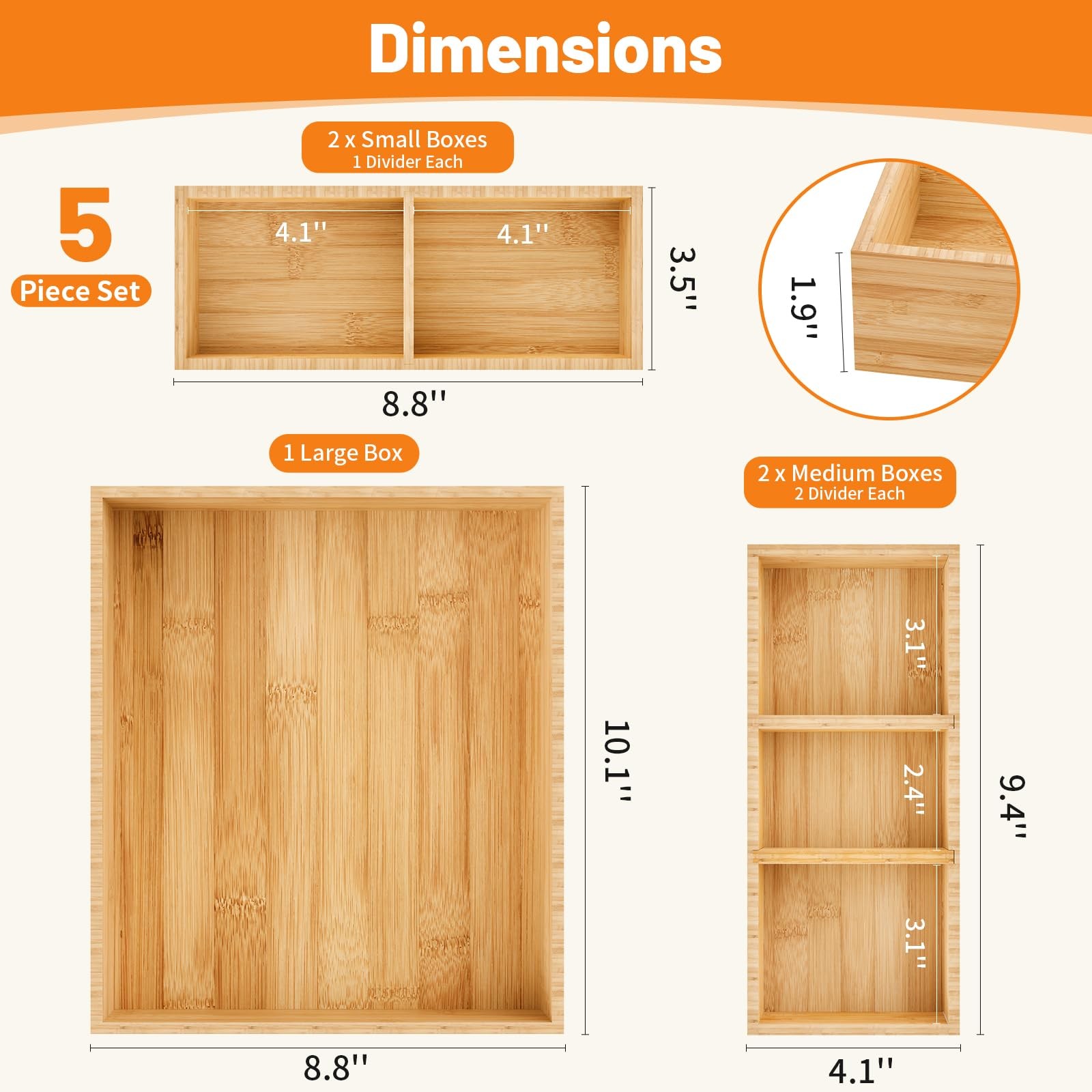 SpaceWhisper Bamboo Drawer Organizer, 5-Piece Divider with natural