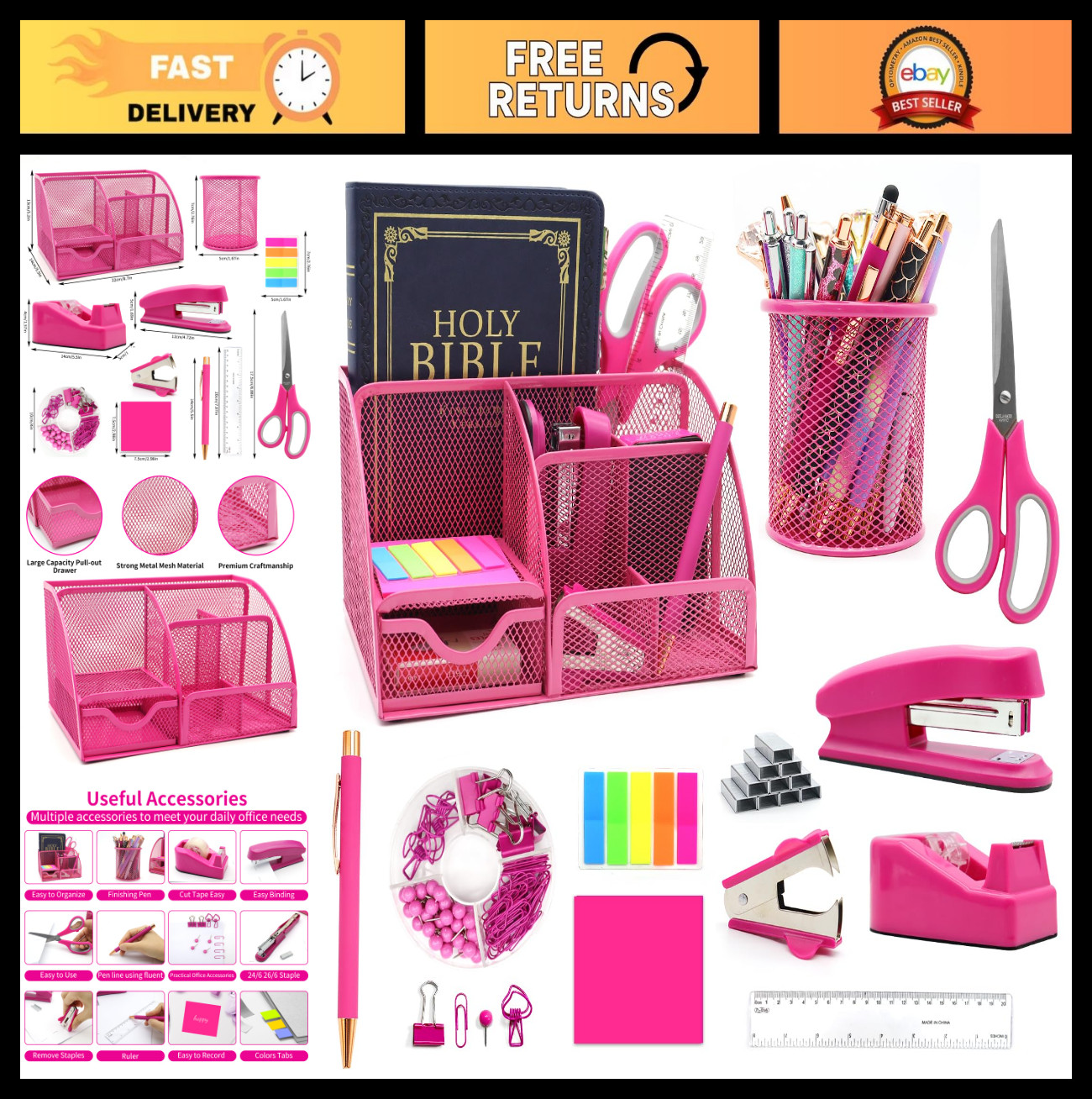 12-in-1 Hot Pink Desk Organizer Set – Office Supplies, Gifts for Women, Accessor