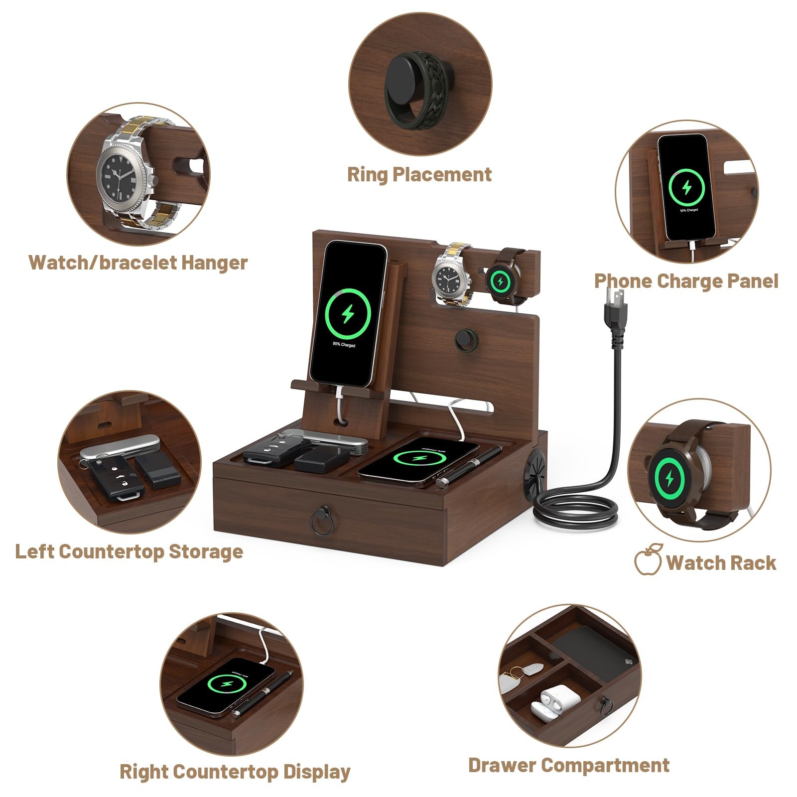 Wood Phone Docking Station with USB With charging station, Elegant Walnut