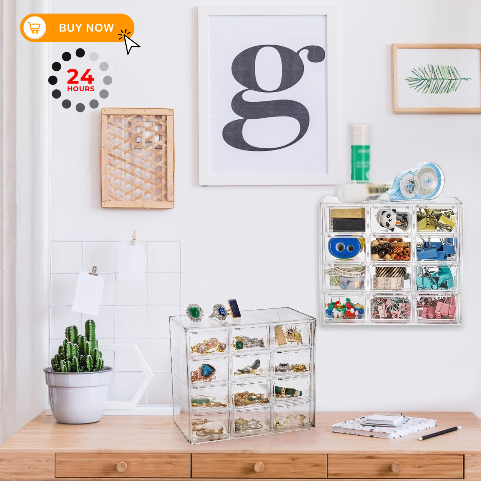 YOUEON 2 Pack Mini Desk Organizer with 12 Removable 7″L x 4″W x 6.1″H, Clear