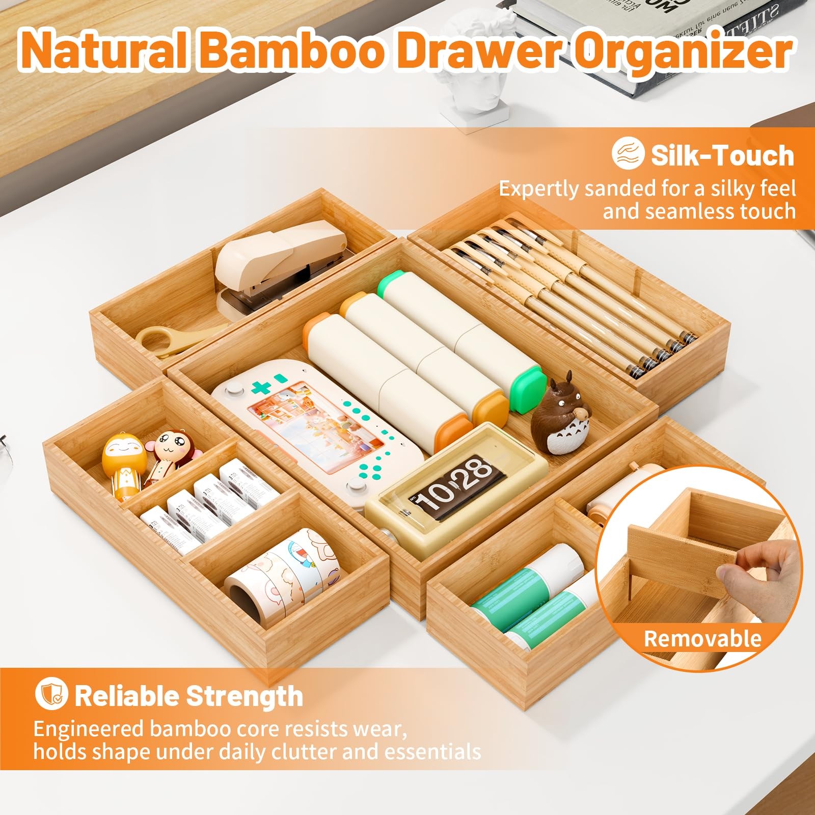 SpaceWhisper Bamboo Drawer Organizer, 5-Piece Divider with natural