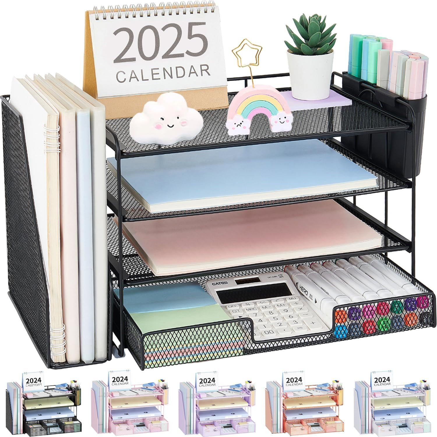 4-Tier Desktop File Organizer W/ Drawer & 2 Pen Holders Office Desk Accessories
