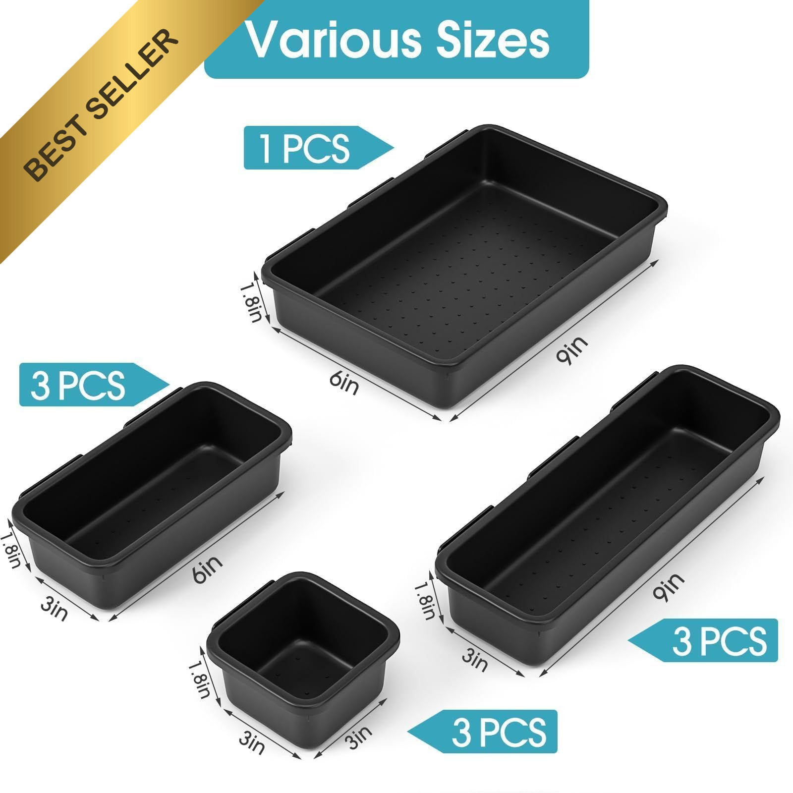 10 PCS Black Drawer Organizer Set 4 Size Interlocking Plastic Storage Bins