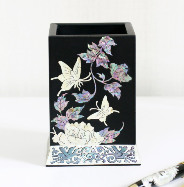 Korean Mother of Pearl Lacquer Pen Holder Handmade Desk Organizer Office Decor