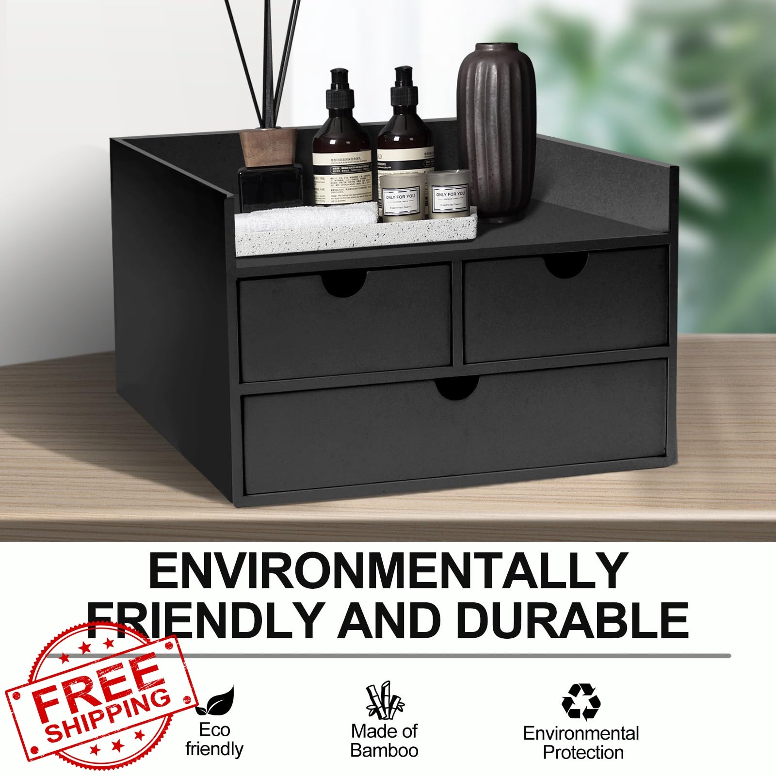 Charmewooden Bamboo 3 Drawer Desk Organizer Black With Shelf