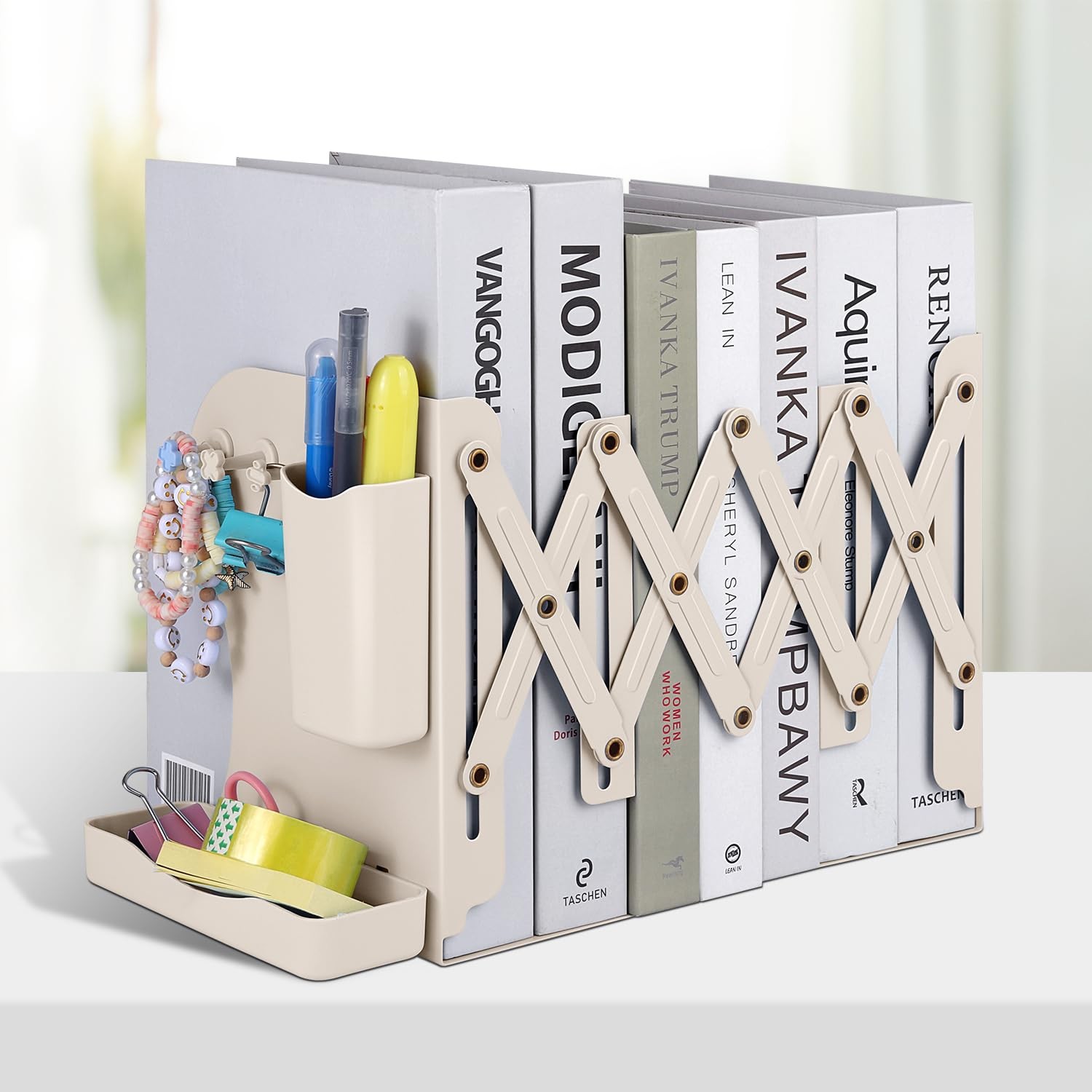 Honagu Adjustable Bookends, Metal Book Ends for Shelves Heavy Milky White