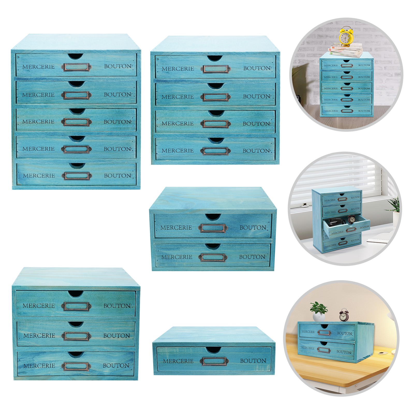 Five-Piece Set Pine Wood Desktop Drawers Vintage Wooden Desktop Organizer Blue