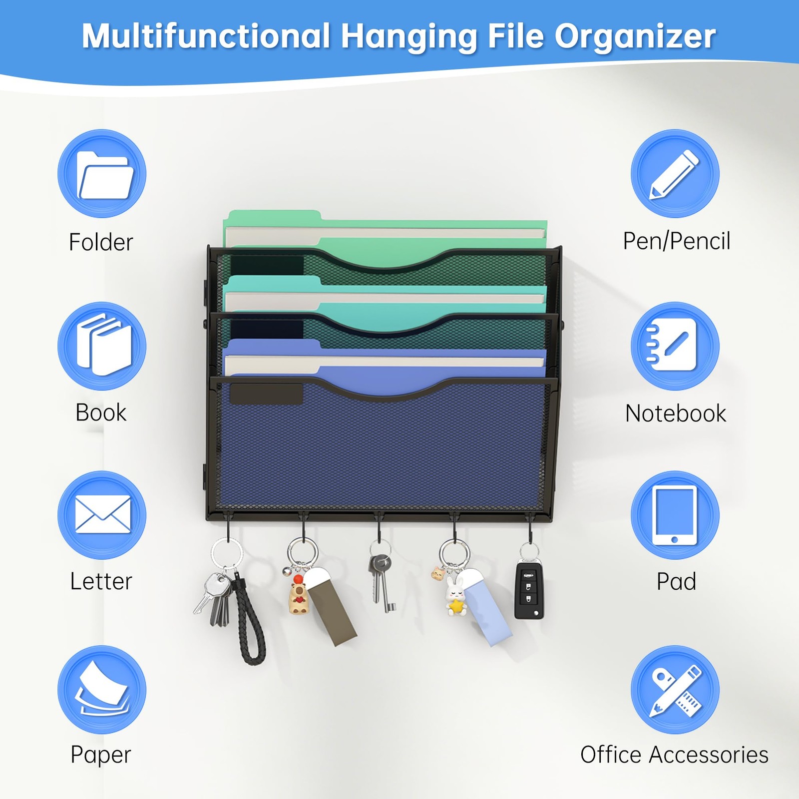 Gawerk Hanging Wall File Organizer with 5 Hooks – 3 Tier, 5-Tier Black