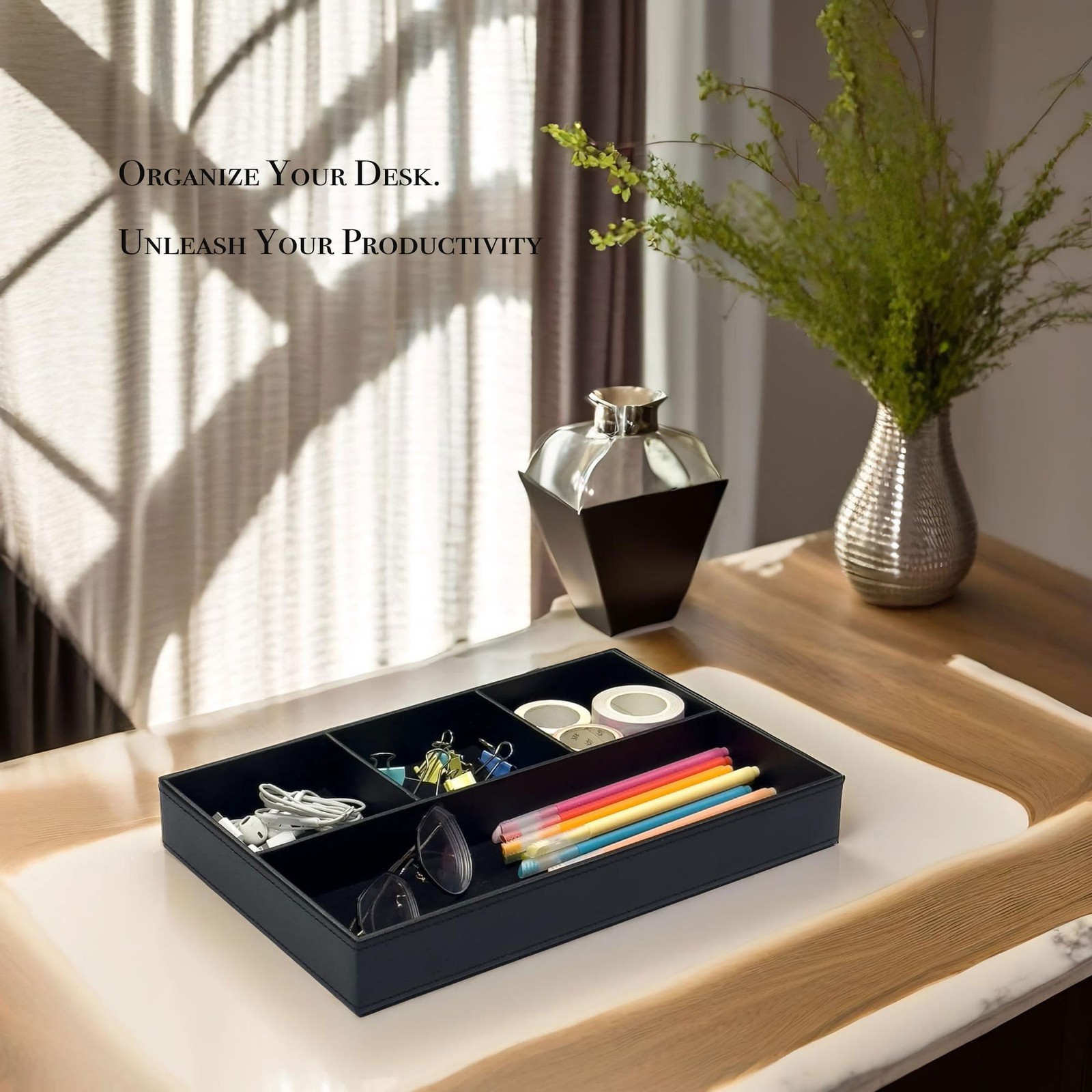 Flat 4-Slot Leather Desk Drawer Tray Stationery Sundries Gadget Organizer Sto…