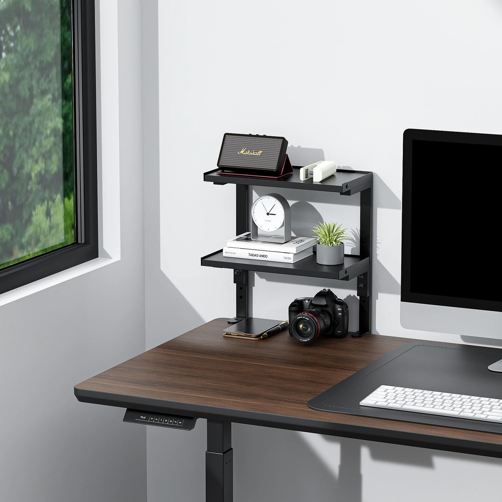 2 Tier Clamp on Desk Shelf Organizer Wood Desktop Supplies Storage Rack