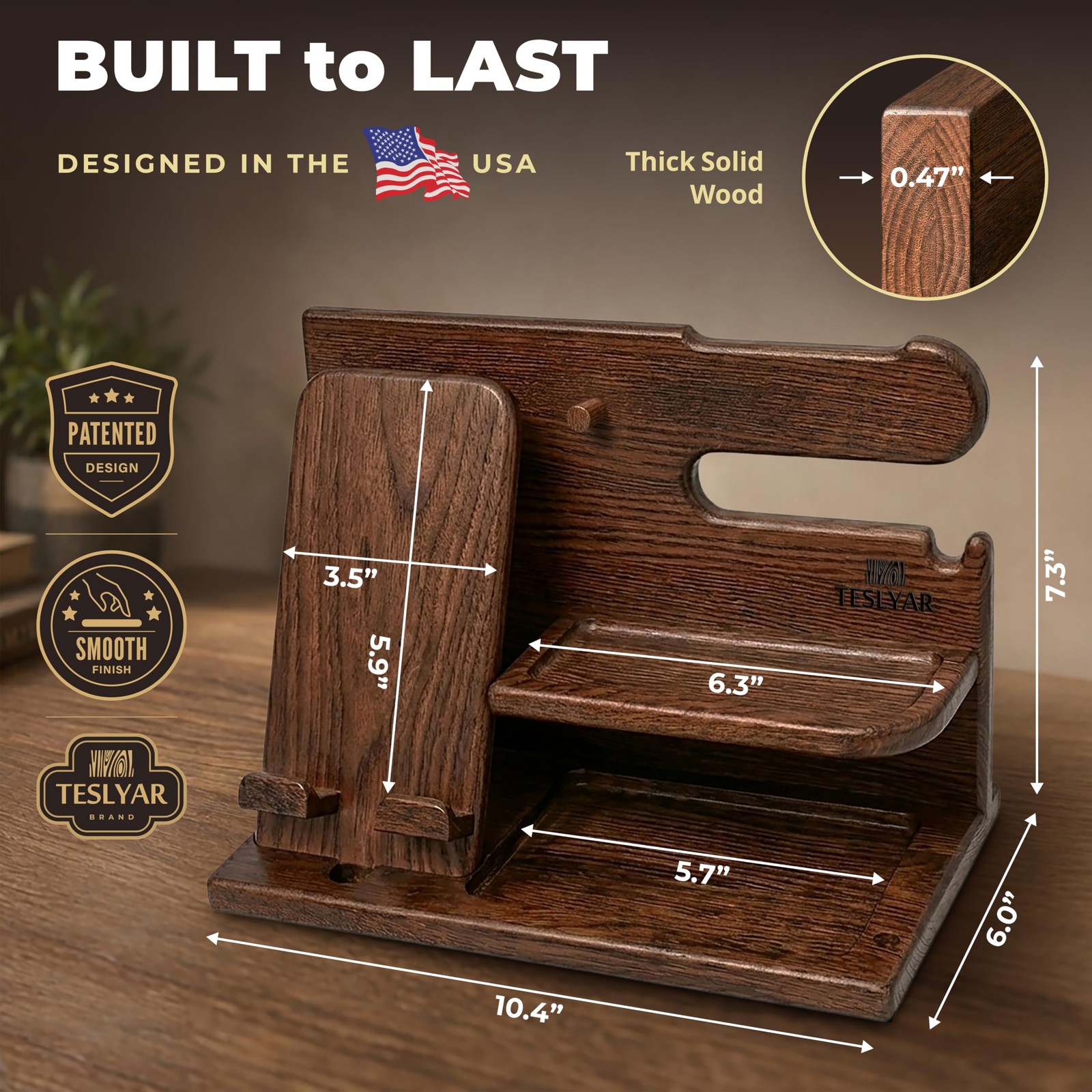 TESLYAR Wood Phone Docking Station for Men – Desk or Nightstand Bourbon Brown